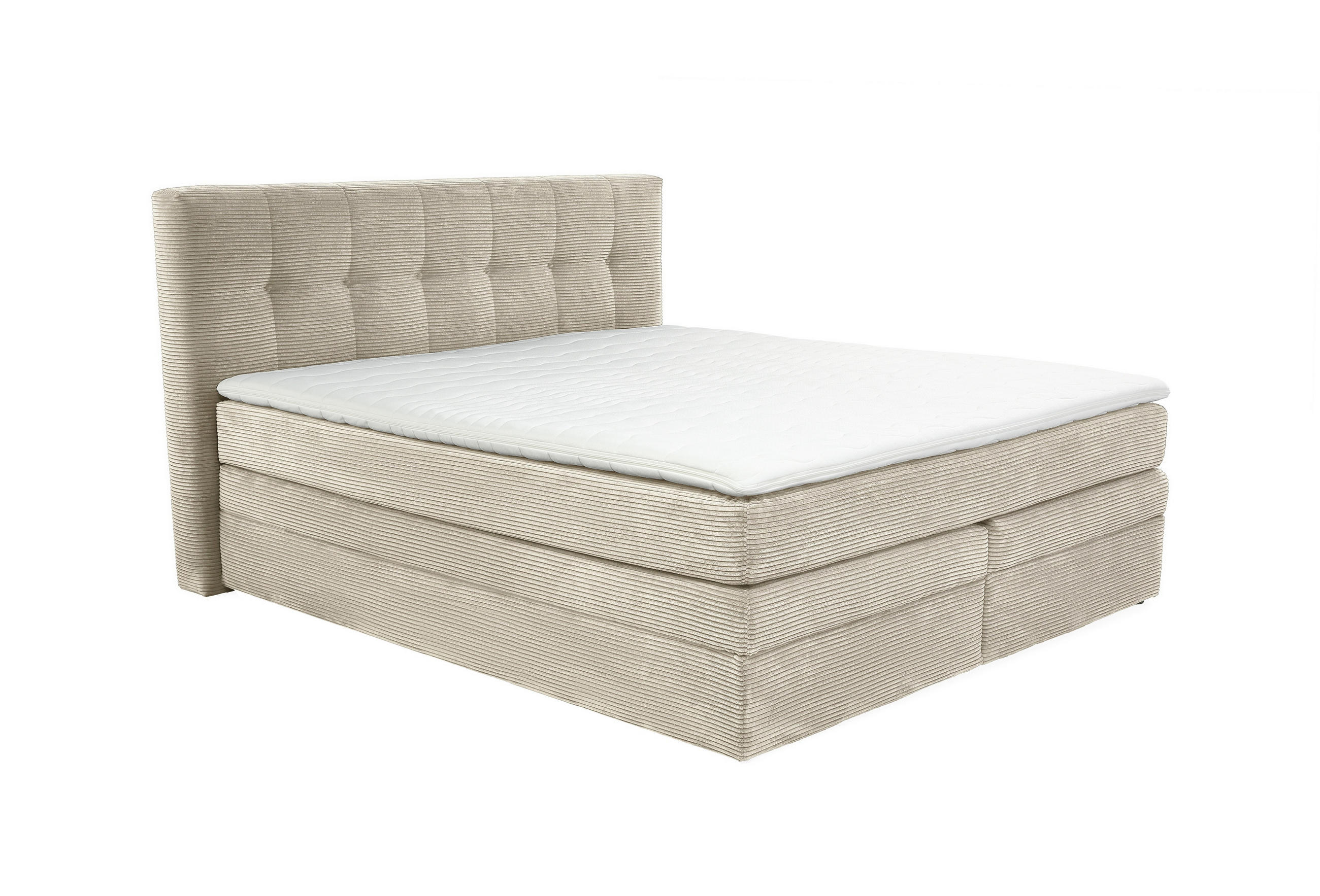 luma-home POSTEL s boxspringem 180 × 200 cm, 7zónová matrace s kapesními pružinami typu „tonneau“ H3, topper, manšestr béžovo-šedý / 20039