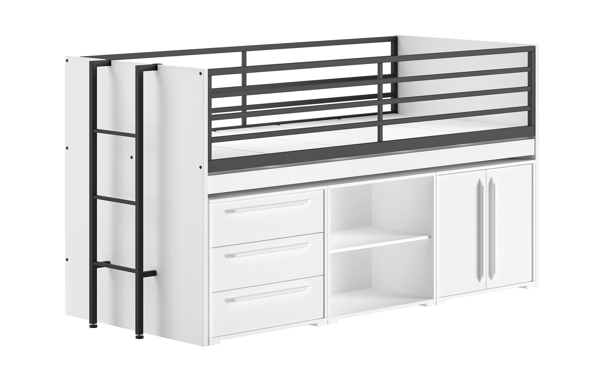 HALBHOCHBETT 90x200 Keelia Weiß mit Schreibtisch Stauraum Set - Weiß, Kunststoff - 58aufmkessel