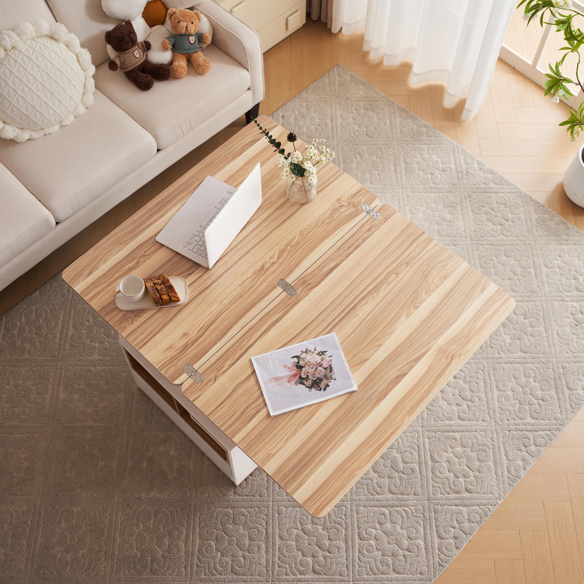 COUCHTISCH 100/51/47 cm Weiß und Holzfarben aus Spanplatte mit höhenverstellbarer Tischplatte - Weiß, Holzwerkstoff (100/51/47cm) - OKMYHOME