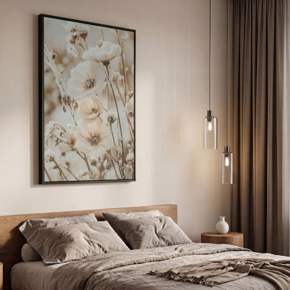 LEINWAND Bilder mit Rahmen - Blumen - Winter - Weiß - Schnee - Beige - 60x90 - Creme, Textil (60/90cm) - MuchoWow