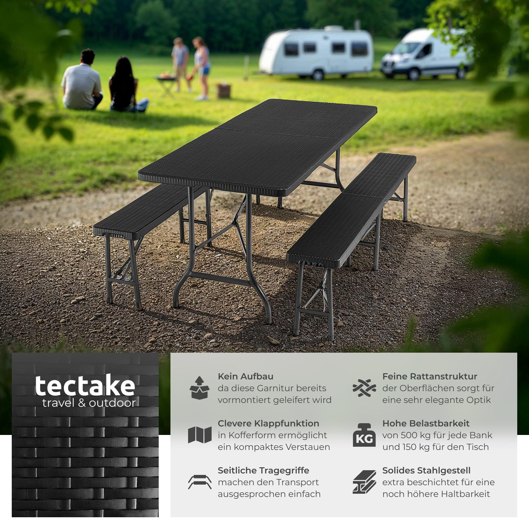 CAMPINGTISCHGARNITUR Vani,mit Tragegriffen,schwarz-Rattanoptik - Schwarz, Kunststoff (180/74/72cm) - tectake