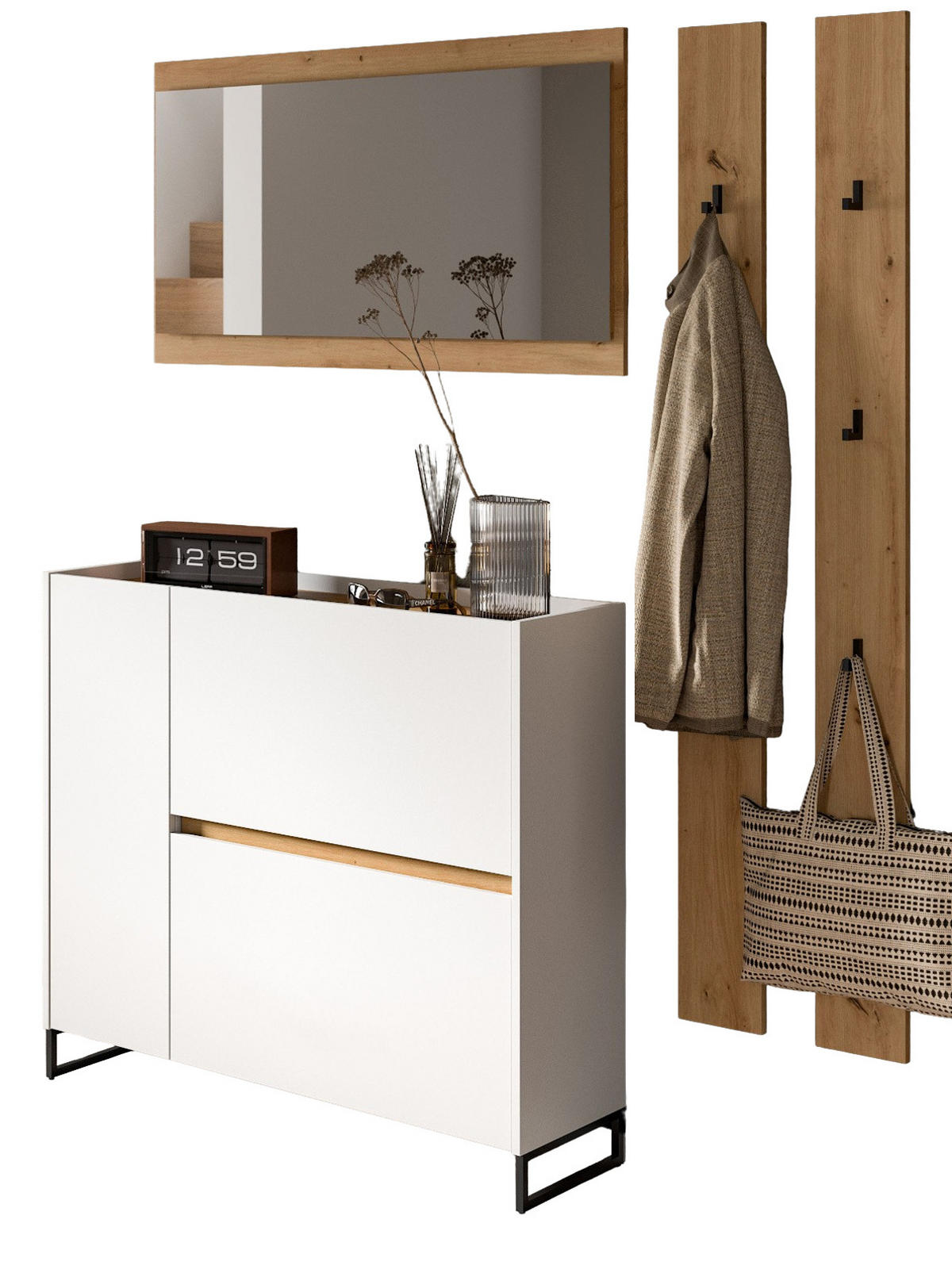 GARDEROBEN-SET weiß, Eiche Artisan 4-teilig 172 cm, Kombination mit Soft-Close - Schwarz/Weiß, Glas/Holzwerkstoff (172/197/32cm) - Inn.Furn