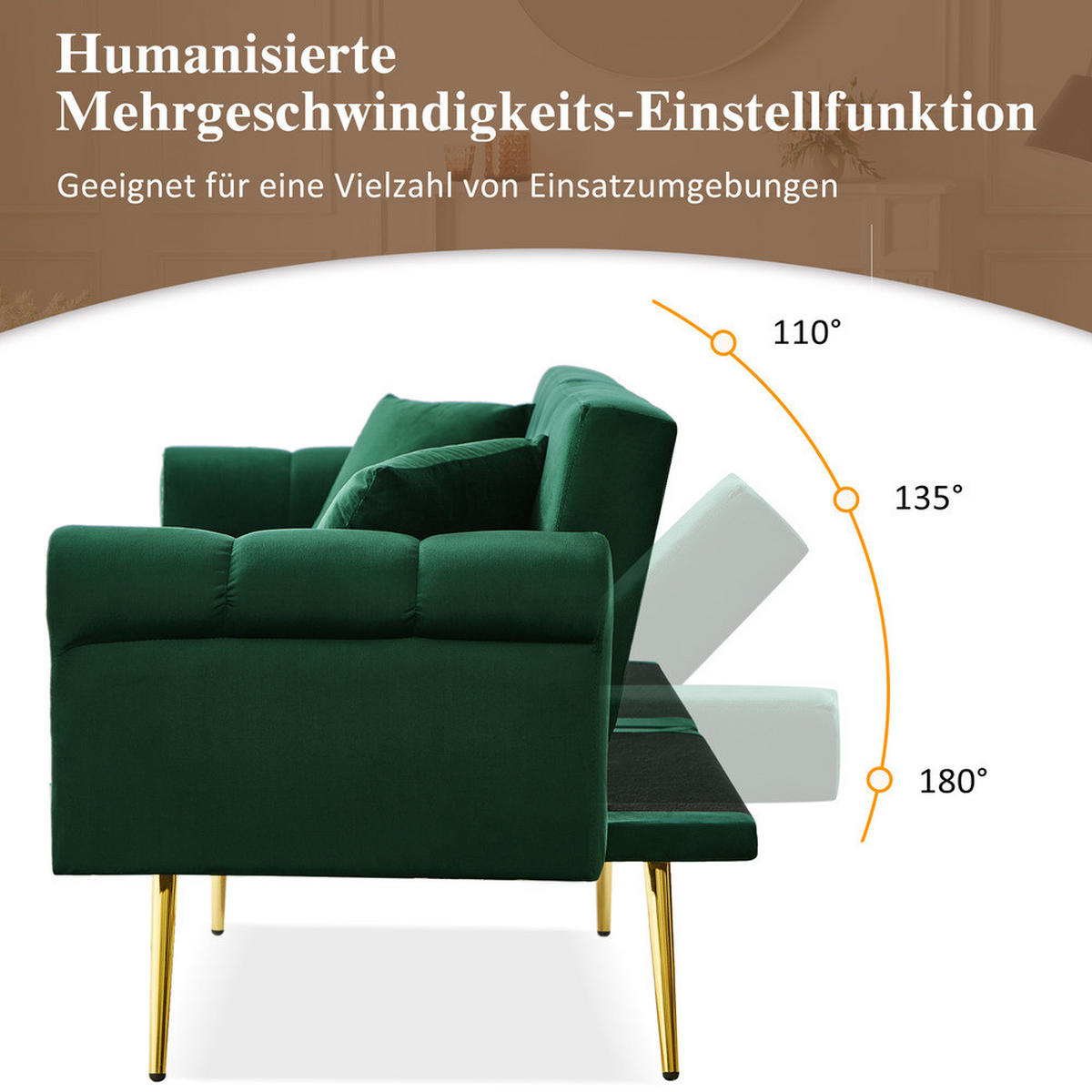 SOFA 2-Sitzer Schlaffunktion Samtbezug Verstellbare Lehne Metallfüße Kleinraum - Grün, Holz (89.54/19.81/76.84cm) - FLIEKS