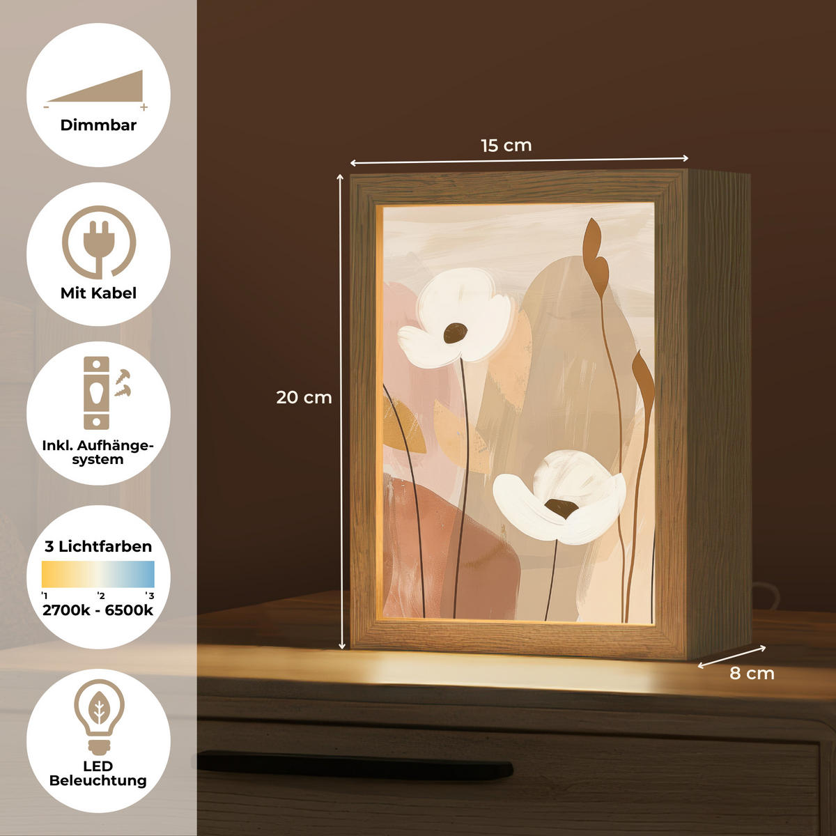 WANDLEUCHTE Blumen - Abstrakt - Beige - Strichzeichnung 15x20 cm - Sandfarben, Holzwerkstoff (15/20/8cm) - OnlyWow