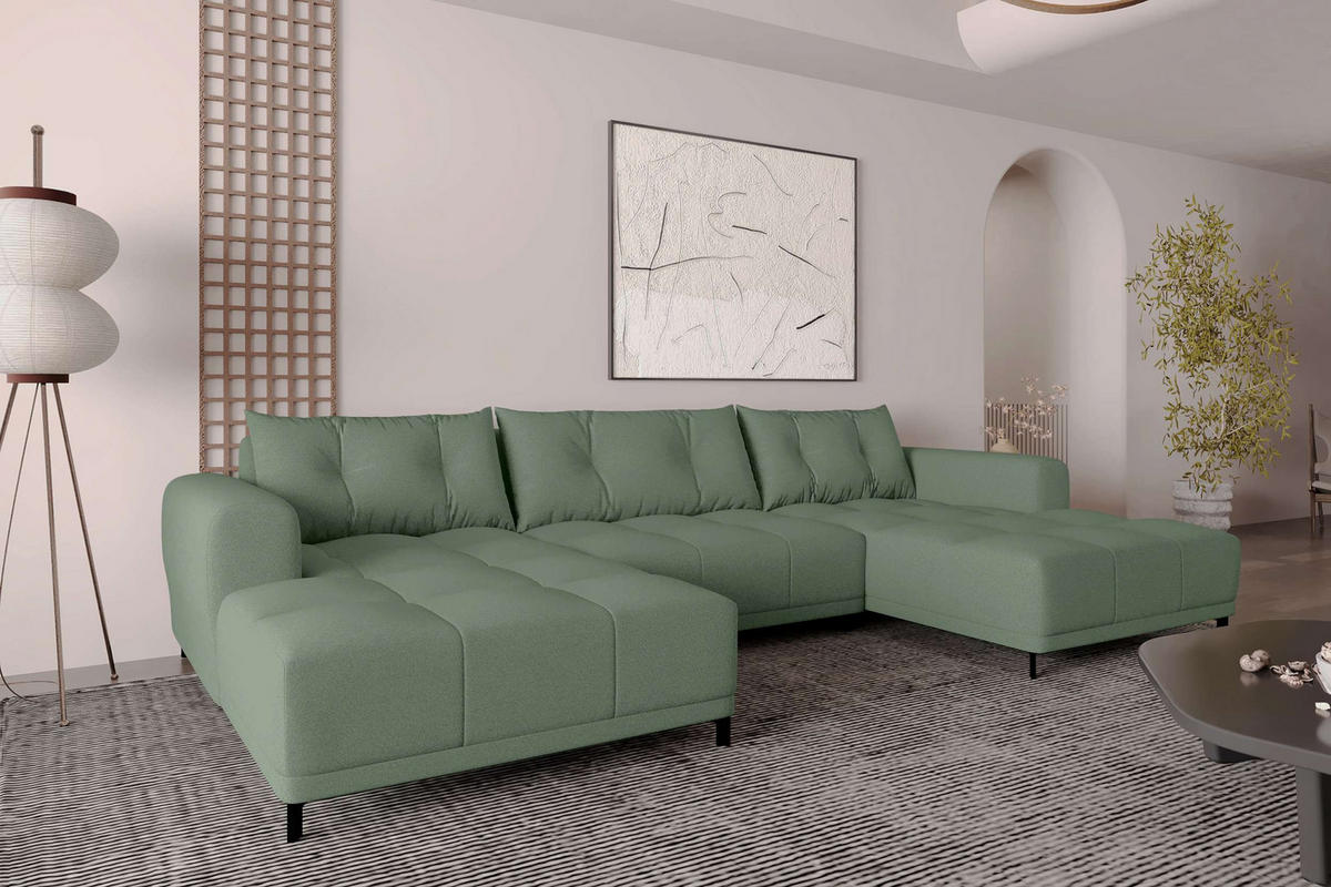 WOHNLANDSCHAFT Strukturstoff Salbeigrün inkl. Schlaffunktion - Salbeigrün/Schwarz, Textil/Metall (348/94/181cm) - 99rooms