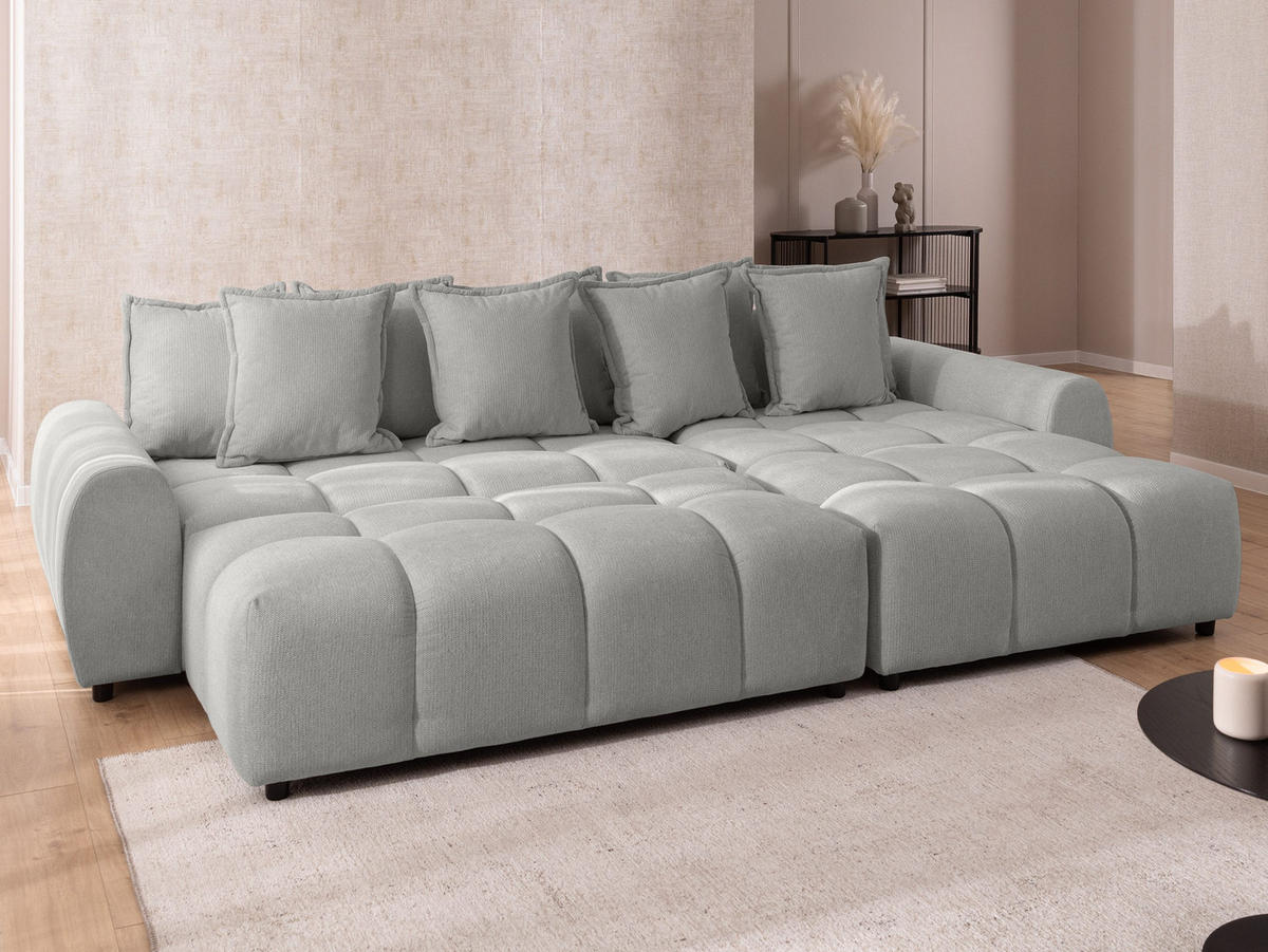 ECKSOFA inkl. Hocker Bubble mit Schlaffunktion und losen Rückenkissen, Sitzfläche Bubble-Optik aus weichem Hellegrau Strukturstoff - Ottomane Rechts - Hellgrau/Schwarz, Holz/Kunststoff (306/180cm) - S-Style Möbel