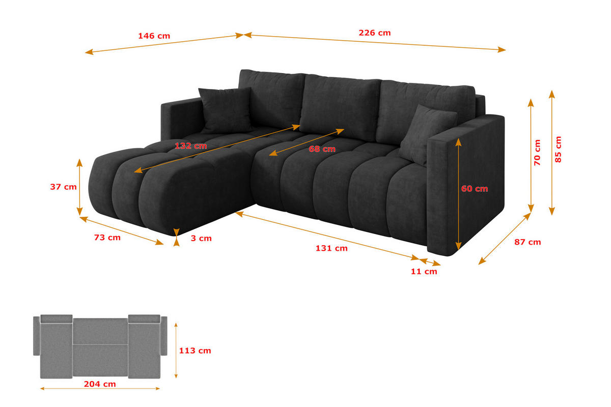 ROHOVÁ SEDAČKA s funkcí spaní, otoman vlevo GARD-L 226x146x85 tmavě šedá velur - černá/antracitová, kompozitní dřevo/textil (226/146cm) - ALTDECOR