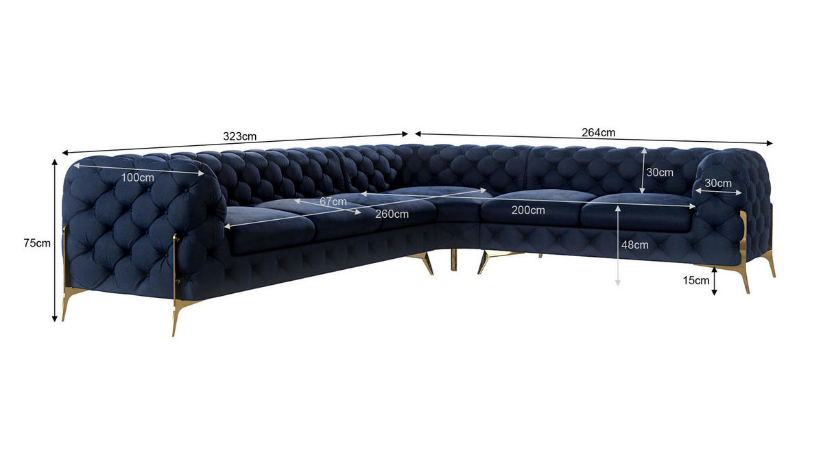 ECKSOFA Chesterfield Lexi Marineblau Samt, langer Schenkel links - Goldfarben/Dunkelblau, Holz/Textil (323/264cm) - S-Style Möbel