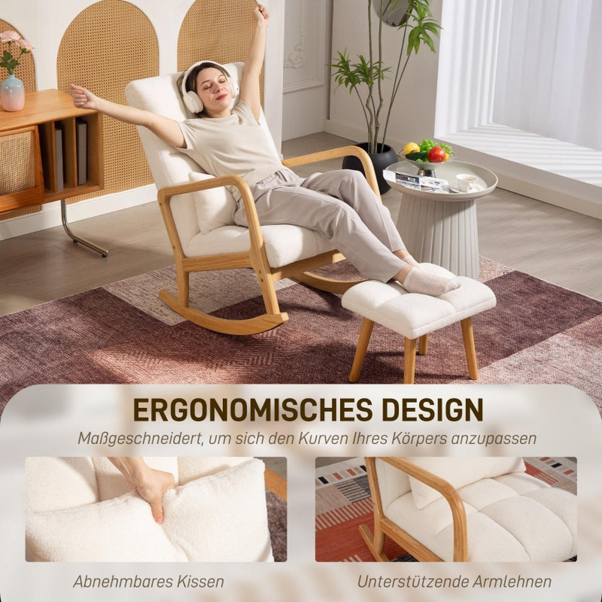 SCHAUKELSTUHL mit Fußhocker Fleecebezug, Holzkufen 82/64,5/99 cm Weiß - Weiß, Holz (64.5/99/82cm) - Redom