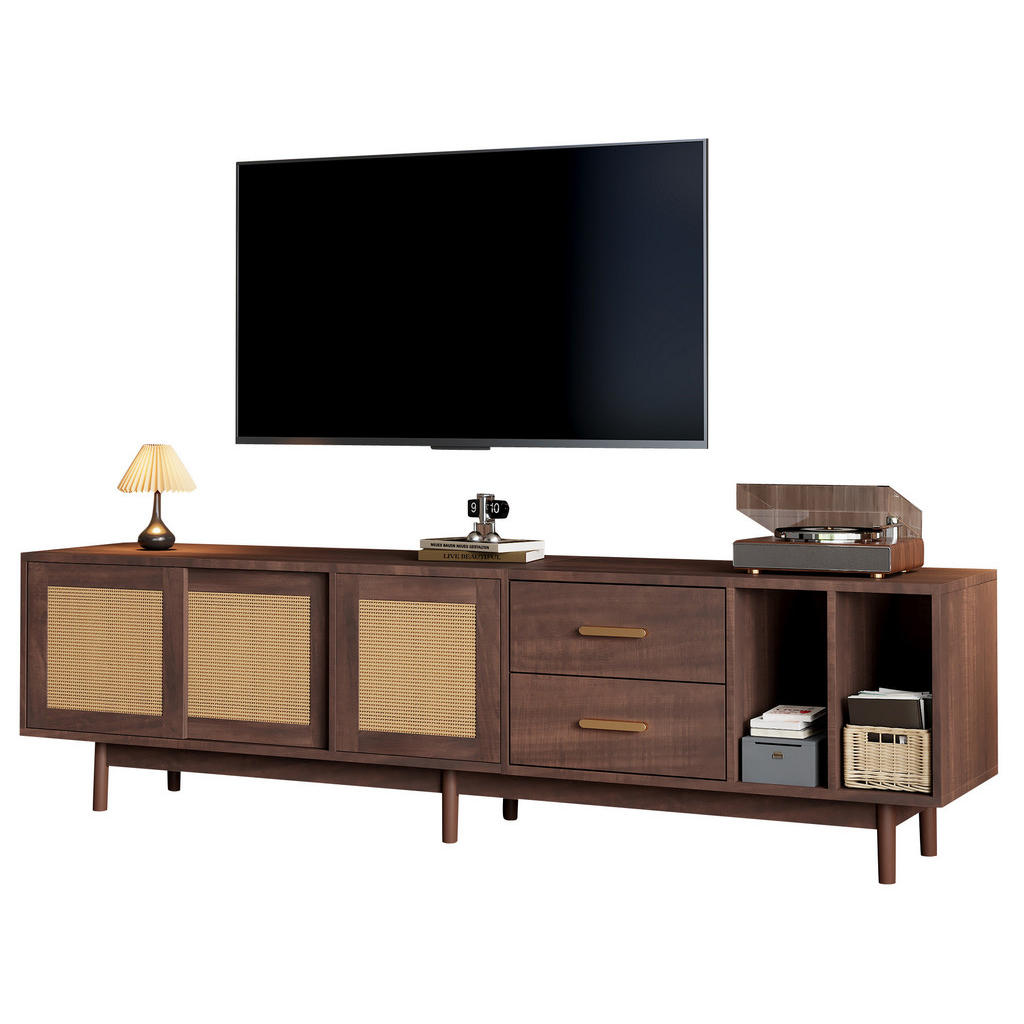 Modfu TV stolek z MDF 190x40x52 cm hnědý s ratanovými dvířky, 2 zásuvkami a 3 posuvnými dvířky