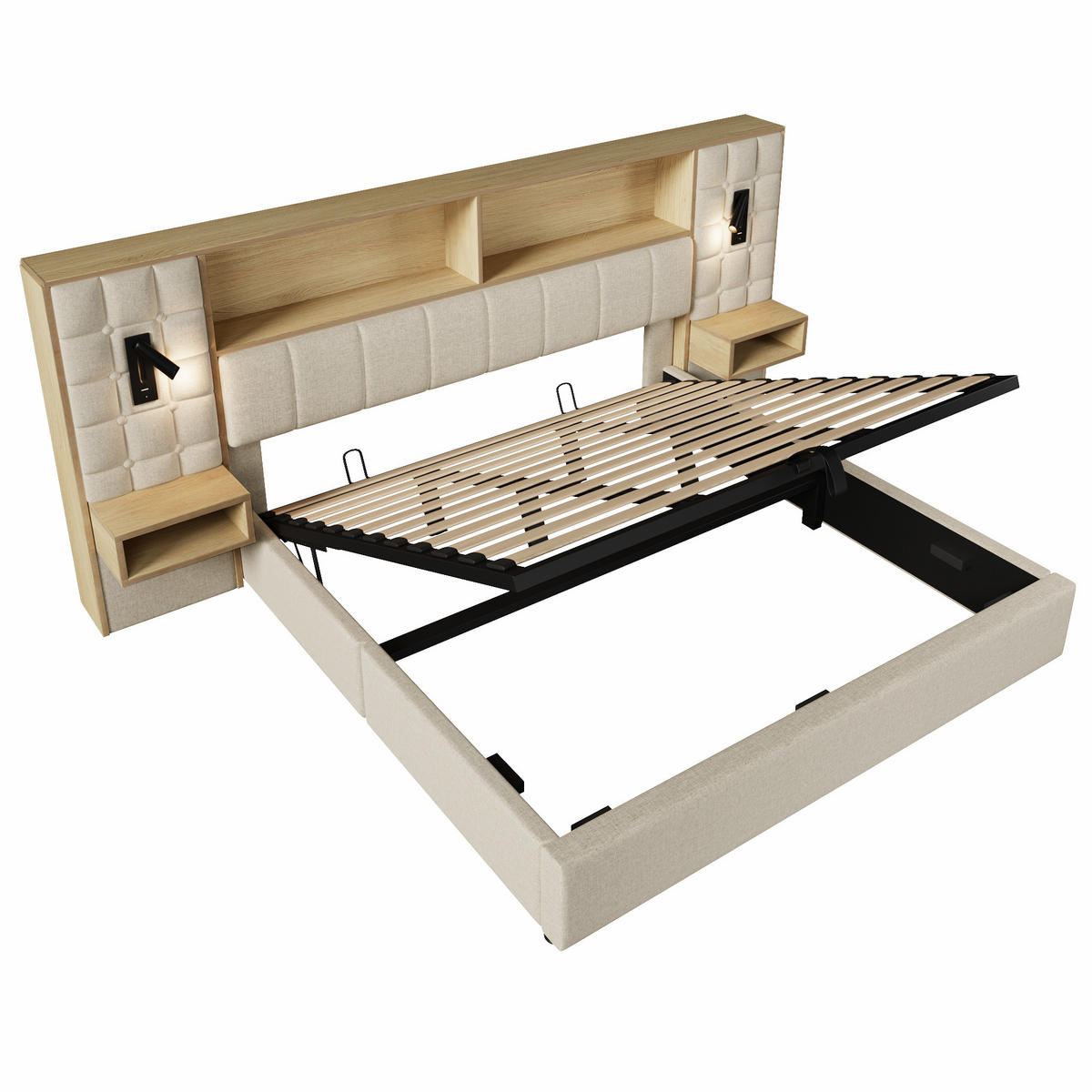 POLSTERBETT 180/200 cm Beige mit LED, 2 Leselampen und 2 integrierte Nachttische - Beige, Textil (180/200cm) - Oxeza