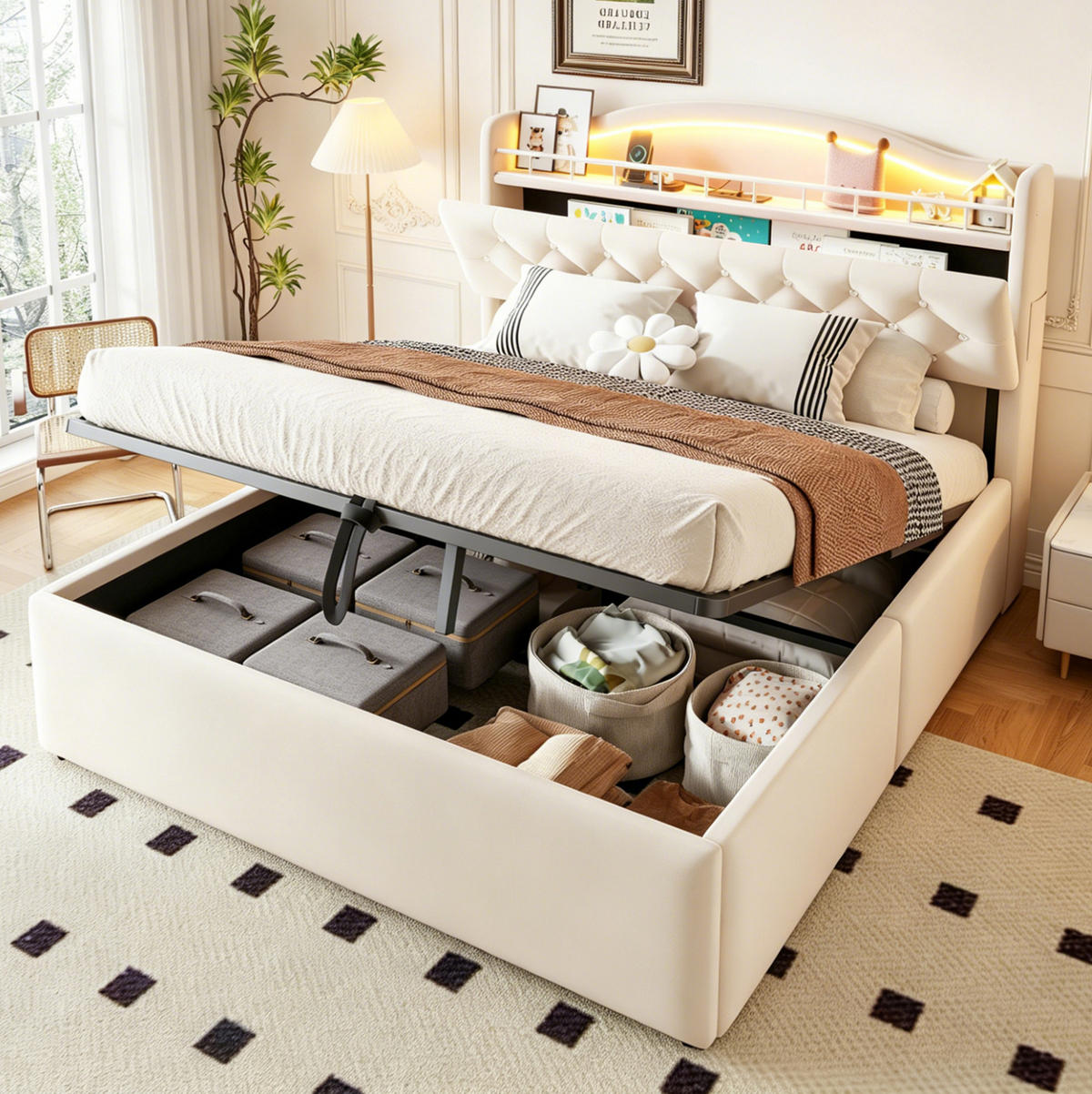 POLSTERBETT 140/200 cm aus Stoff und Metall mit Stauraum, Beige - Beige, Textil (140/200cm) - OKMYHOME