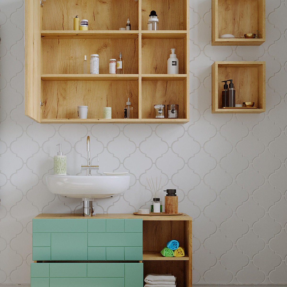 BADMÖBEL-SET Rudi Mintgrün 4 Teile - Eichefarben/Mintgrün, Holzwerkstoff (90/59/32cm) - Vicco