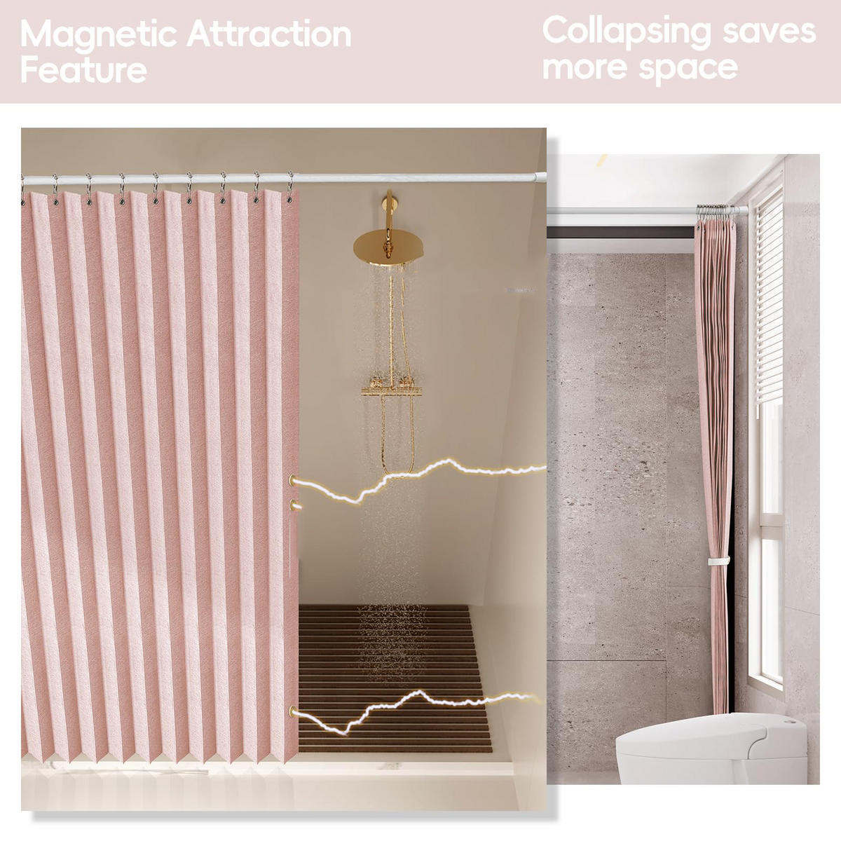 DUSCHVORHANG Rosa magnetisch faltbar Leinen wasserdicht schimmelresistent waschbar mit Haken - Pink, Textil (220/200cm) - MCBOSON