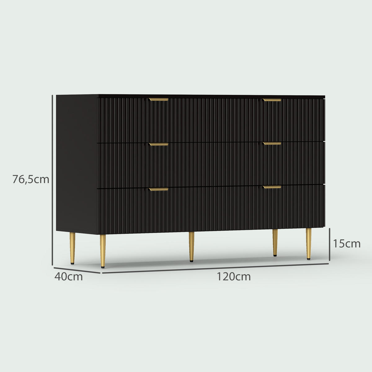 KOMOODE DE-12895 6 Schubladen, goldene Griffe und Füße Schwarz - Schwarz, Holzwerkstoff (120/76.5/40cm) - ComfortXL