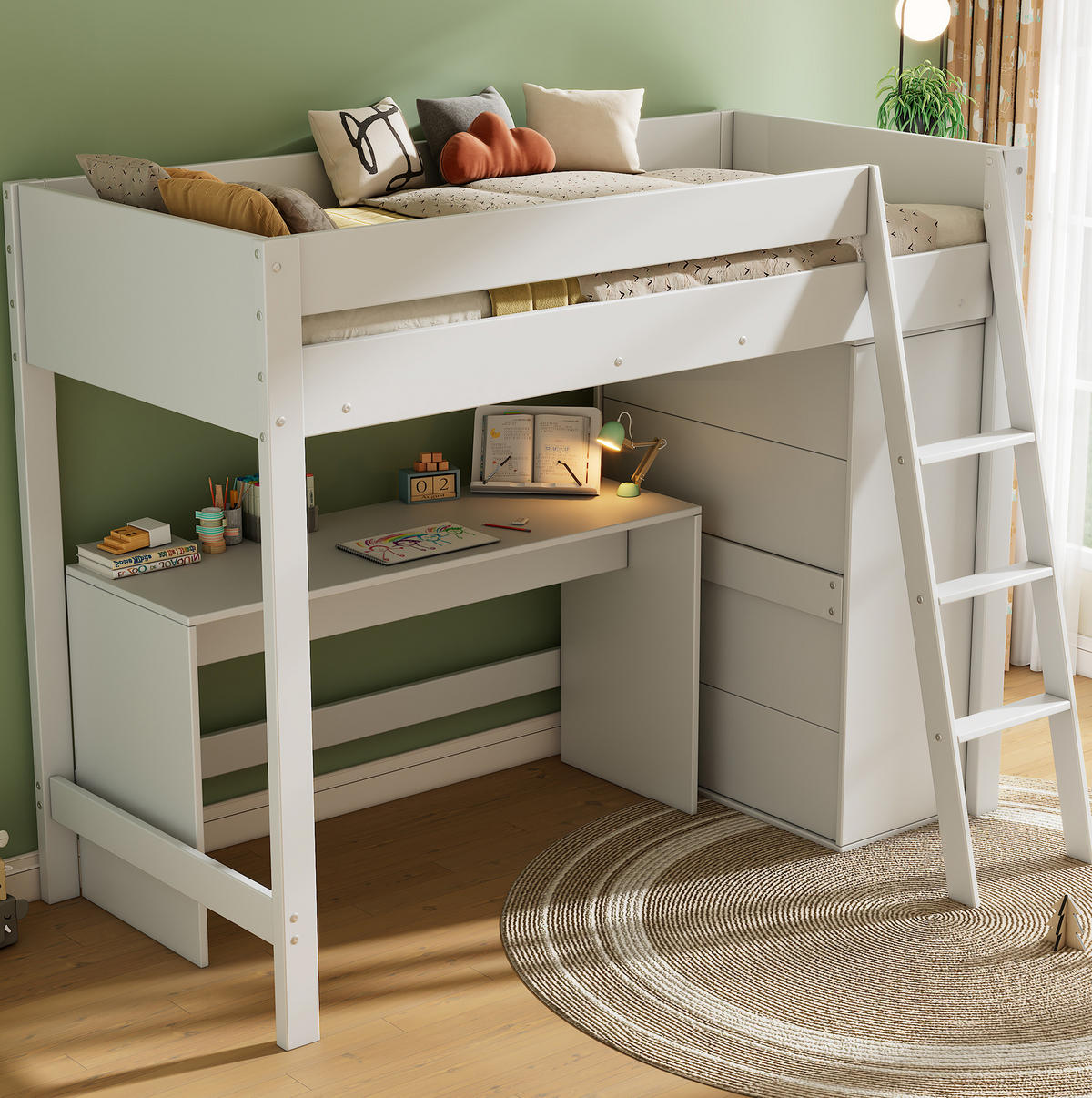 HOCHBETT 90/200 cm in Weiß mit Schreibtisch und Kleiderschrank - Weiß, Holzwerkstoff (90/200cm) - Flora Grace