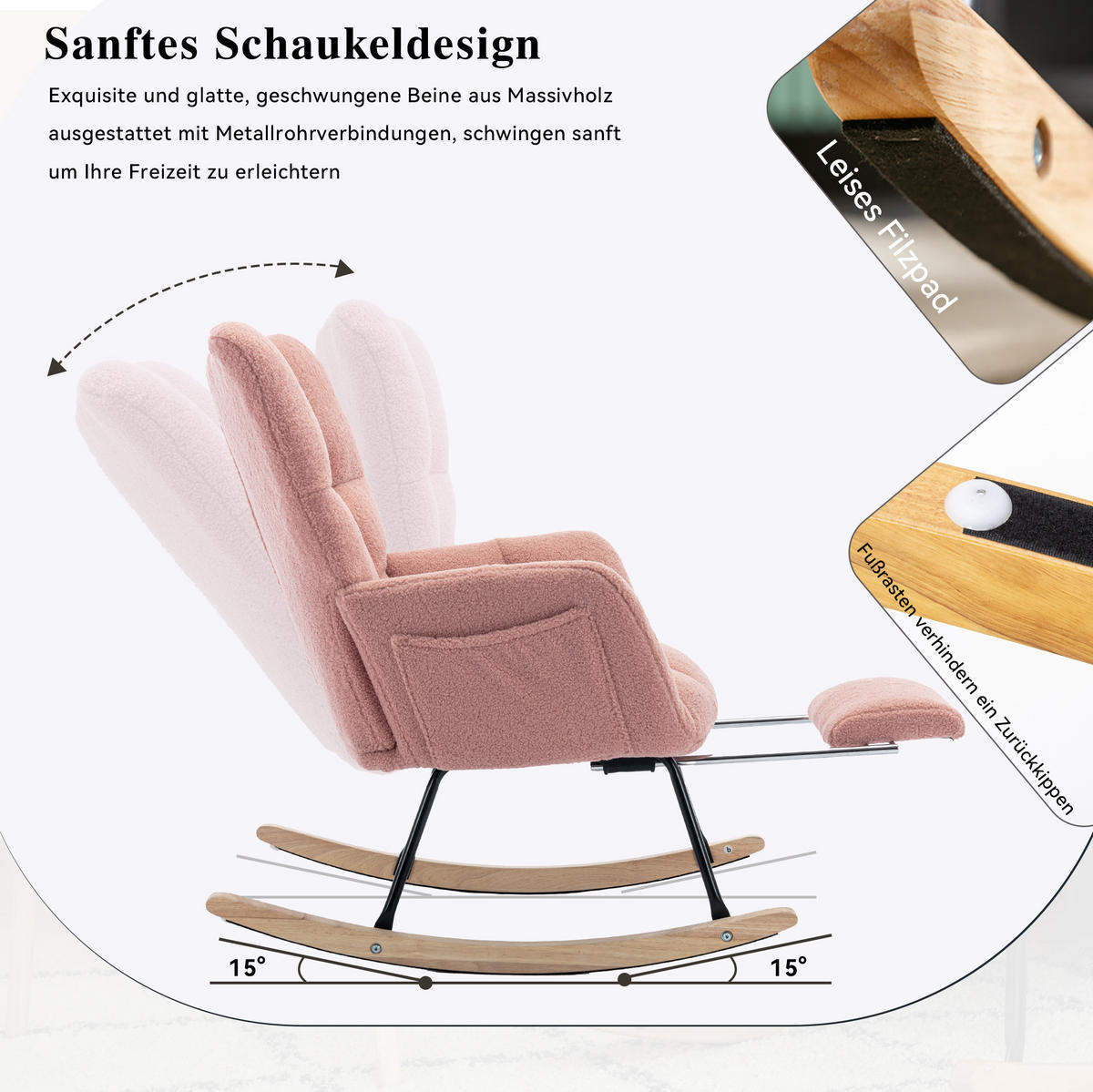SCHAUKELSTUHL 80/98/98,5 cm rosa aus Lammfell-Optik mit Fußstütze - Rosa, Textil (98/98.5/80cm) - OKWISH