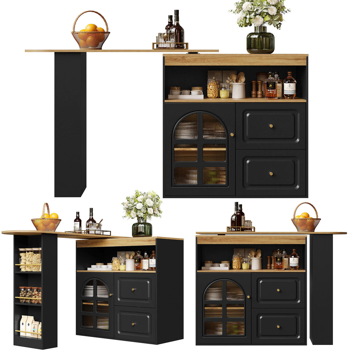 STEHTISCH 138-204x39x104cm Schwarz mit Snackregal & Drehfunktion - Schwarz, Holzwerkstoff (204/104/39cm) - Modfu