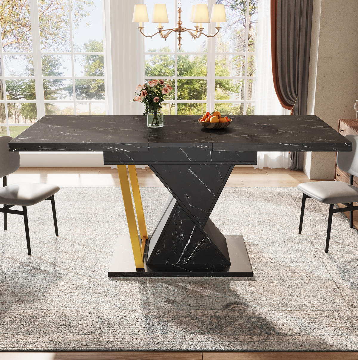ESSTISCH 110-140x80x76 cm in Schwarz aus MDF mit Marmoroptik ausziehbar - Schwarz, Holzwerkstoff (140/80/76cm) - Modfu