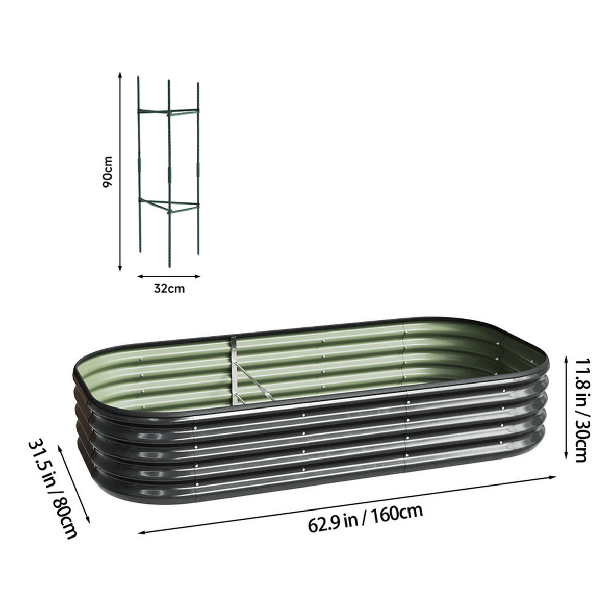 HOCHBEET-PFLANZKASTEN mit Pflanzenstütze aus verzinktem Stahl in Anthrazit Oval Garten Balkon 160 × 80 × 30 cm 6,5 kg - Silberfarben, Metall (80/30/160cm) - Livingandhome