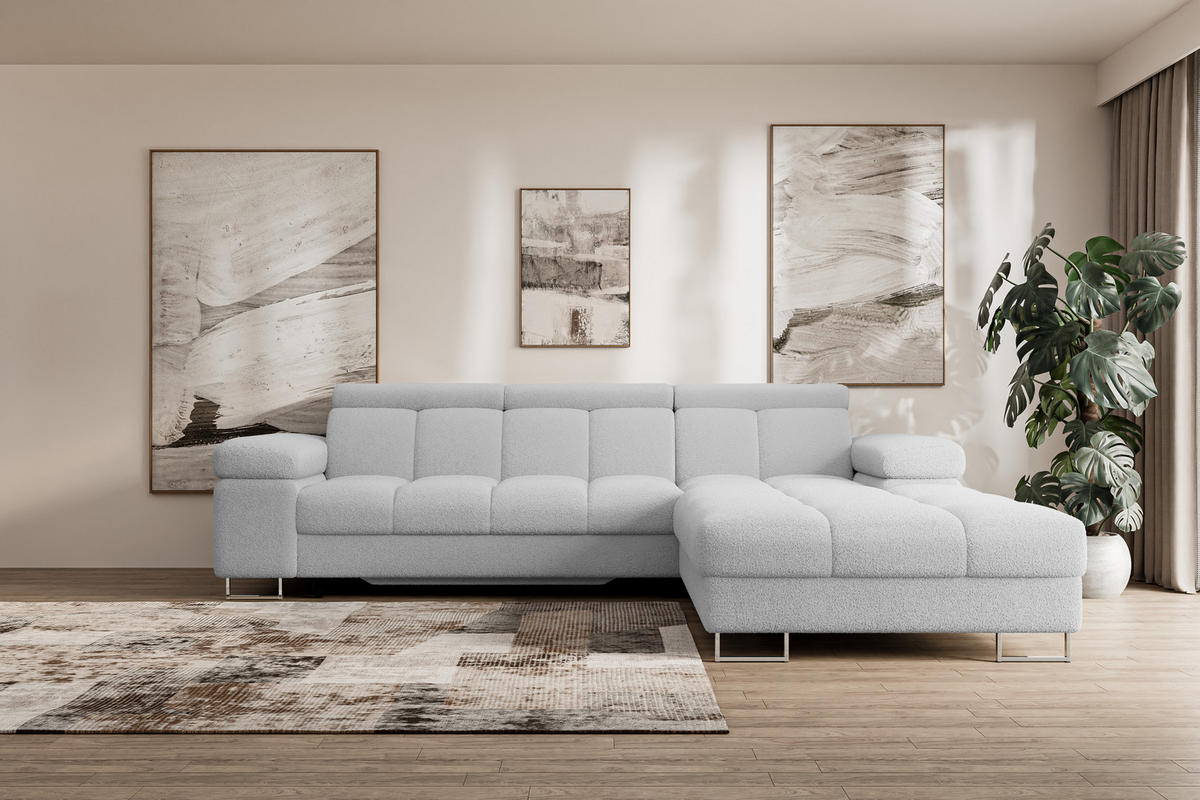 ECKSOFA mit Schlaffunktion Ottomane Rechts COMA L 271x203x79 Hellgrau Bouclé - Edelstahlfarben, Holzwerkstoff/Textil (203/271cm) - ALTDECOR