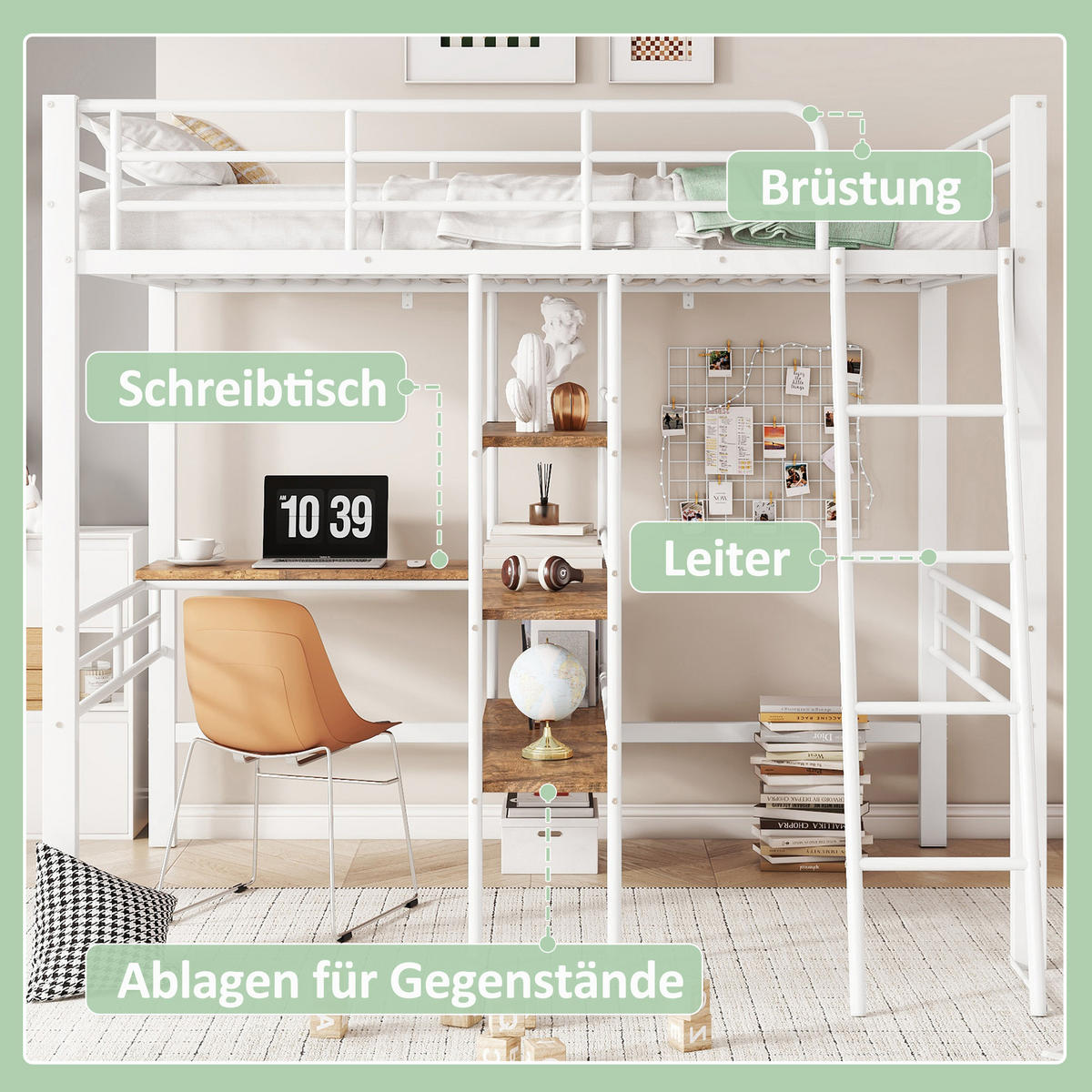 HOCHBETT 90x200cm Weiß Metall Schreibtisch Regale Geländer Leiter - Weiß, Metall (90/200cm) - FLIEKS
