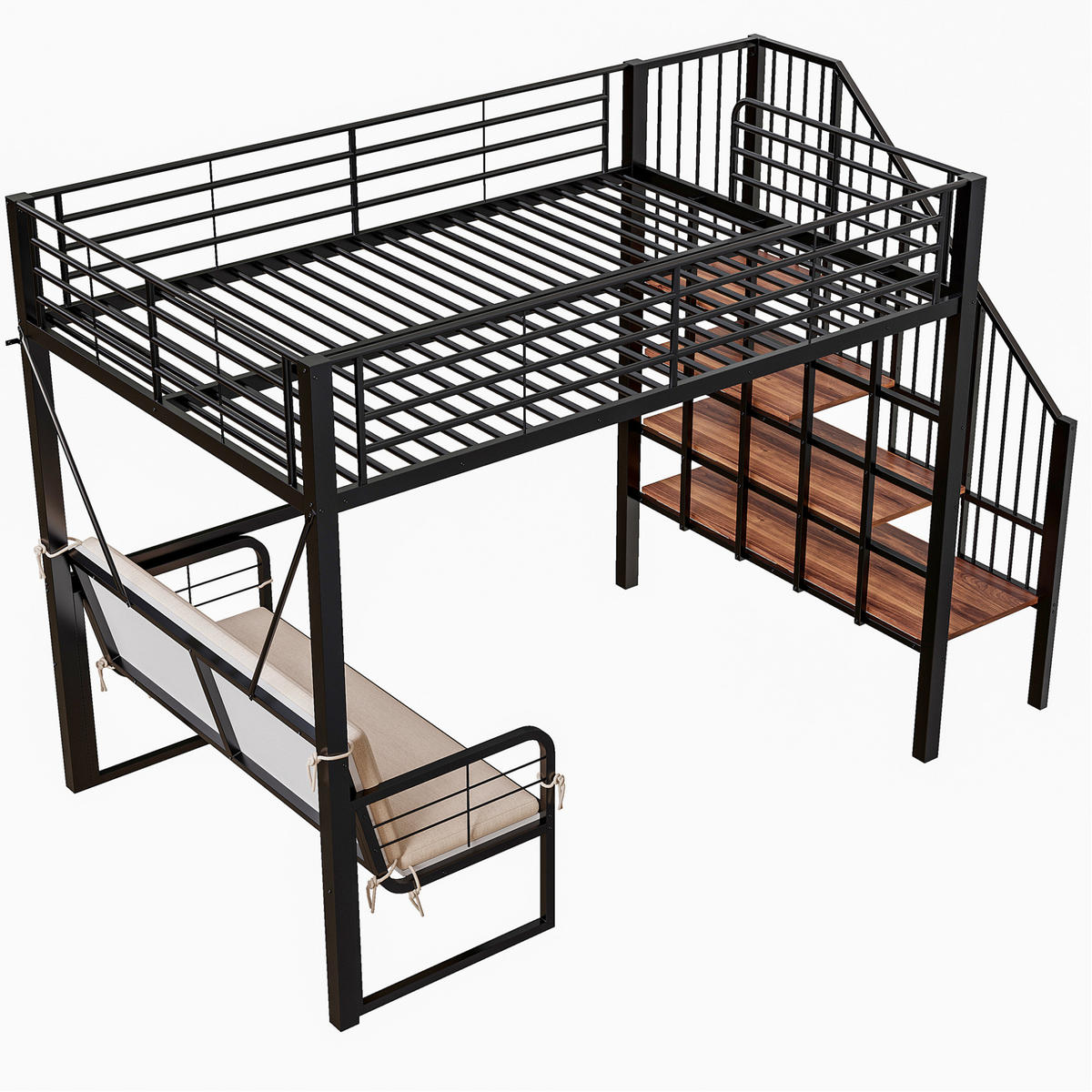 ETAGENBETT 140/200 cm mit abnehmbarem Polstersofa, Stauraumtreppe und Metallrahmen, Schwarz - Schwarz, Holzwerkstoff (140/200cm) - Redom