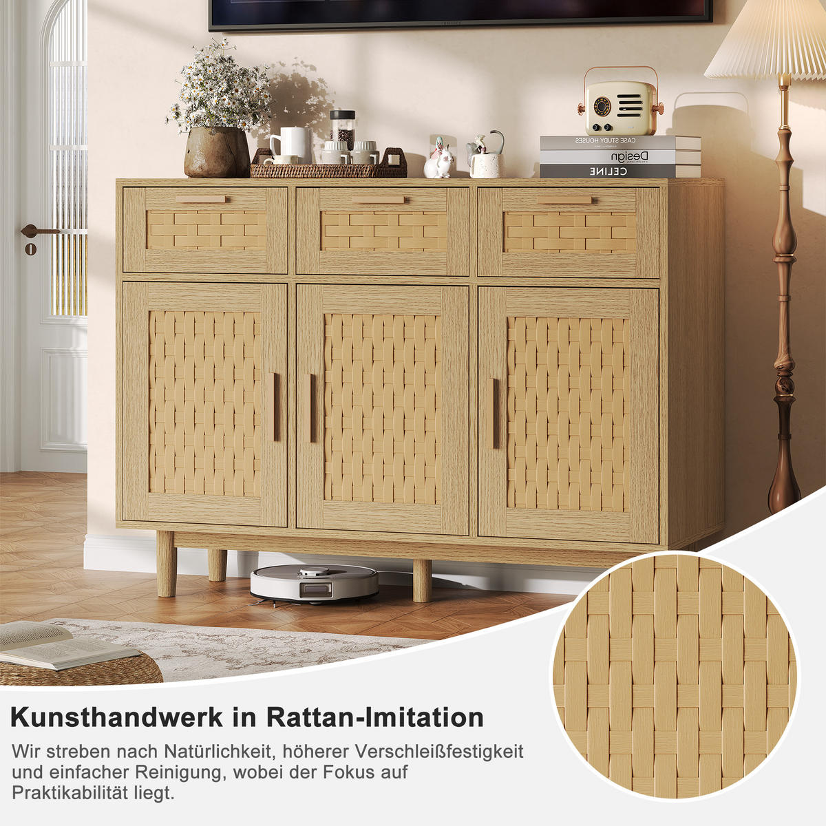 SIDEBOARD für das Esszimmer mit Korbgeflecht-Optik, Aufbewahrungsschrank aus Naturholz, Wohnzimmerschrank mit 3 Schubladen und 3 Türen, in Eiche - Alteiche, Holz (40/80/107.9cm) - WoodenAura