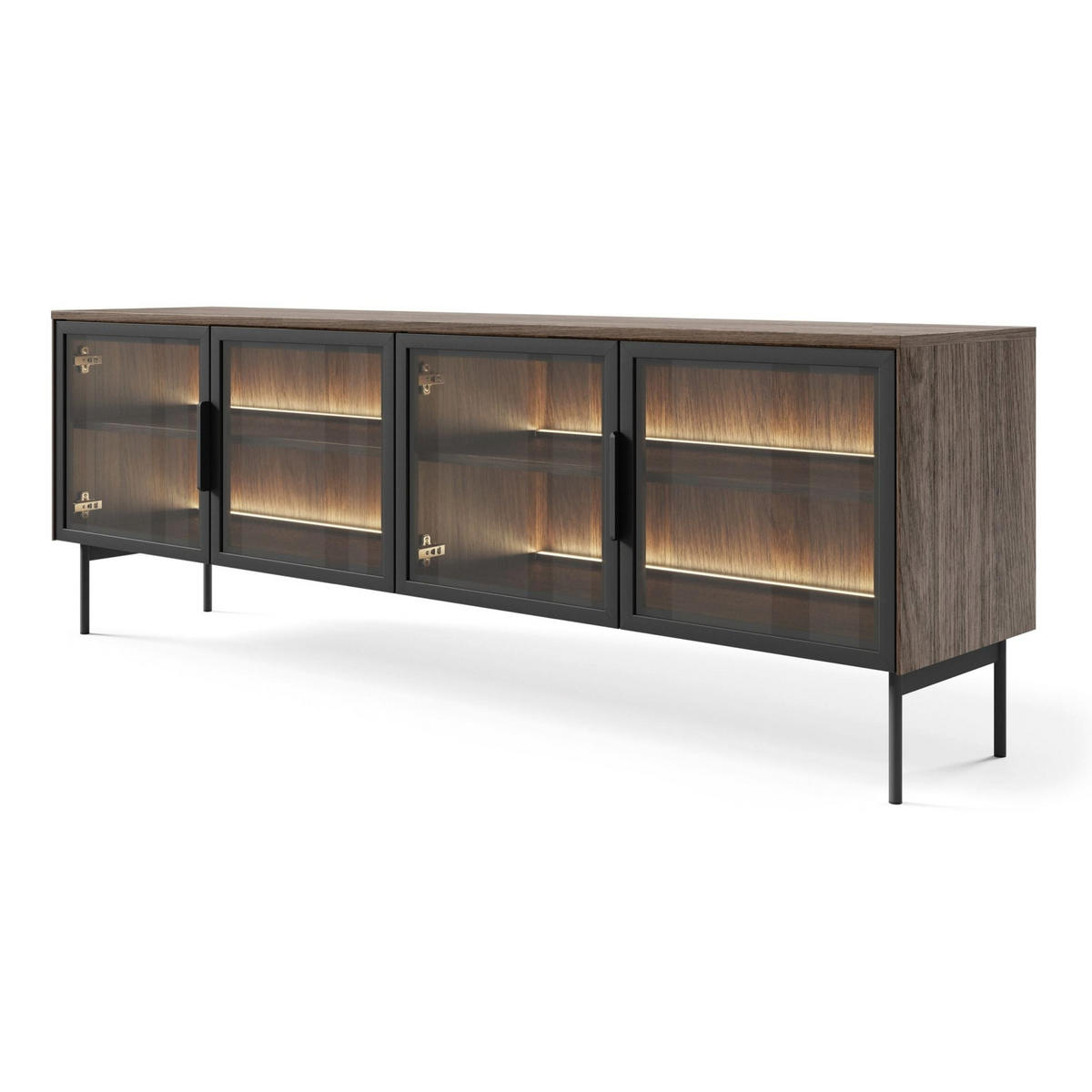 TV stolík Lumi so sklenenými čelami dub Dunin 181/61/39 cm - čierna/tmavohnedá, kov/kompozitné drevo (181.3/39.3/39.3cm) - Selsey