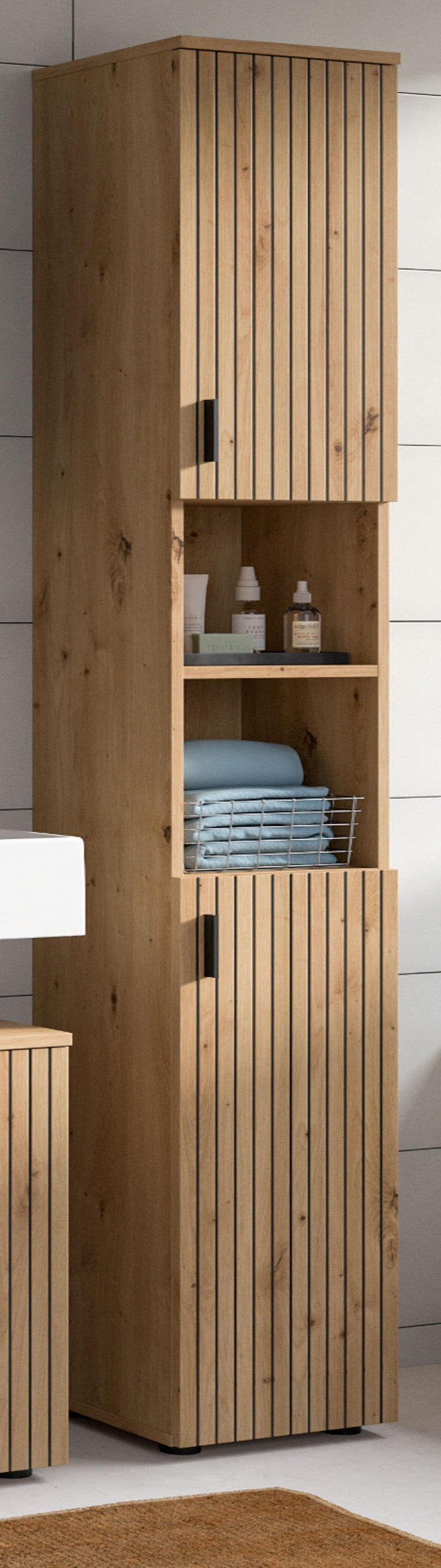 HOCHSCHRANK Eiche Artisan 30 x 192 cm, Badschrank mit 6 Fächern - Schwarz/Eiche Artisan, Holzwerkstoff/Kunststoff (30/192/30cm) - Inn.Furn