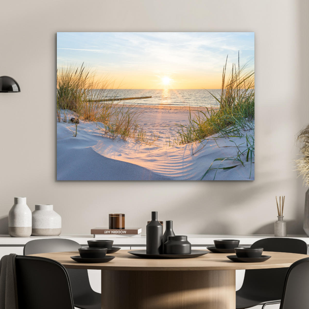KOVOVÝ OBRAZ Pláž - Slnko - Duny - Tráva - Piesok - Horizont 80x60 cm - svetlomodrá, kov (80/60cm) - MuchoWow