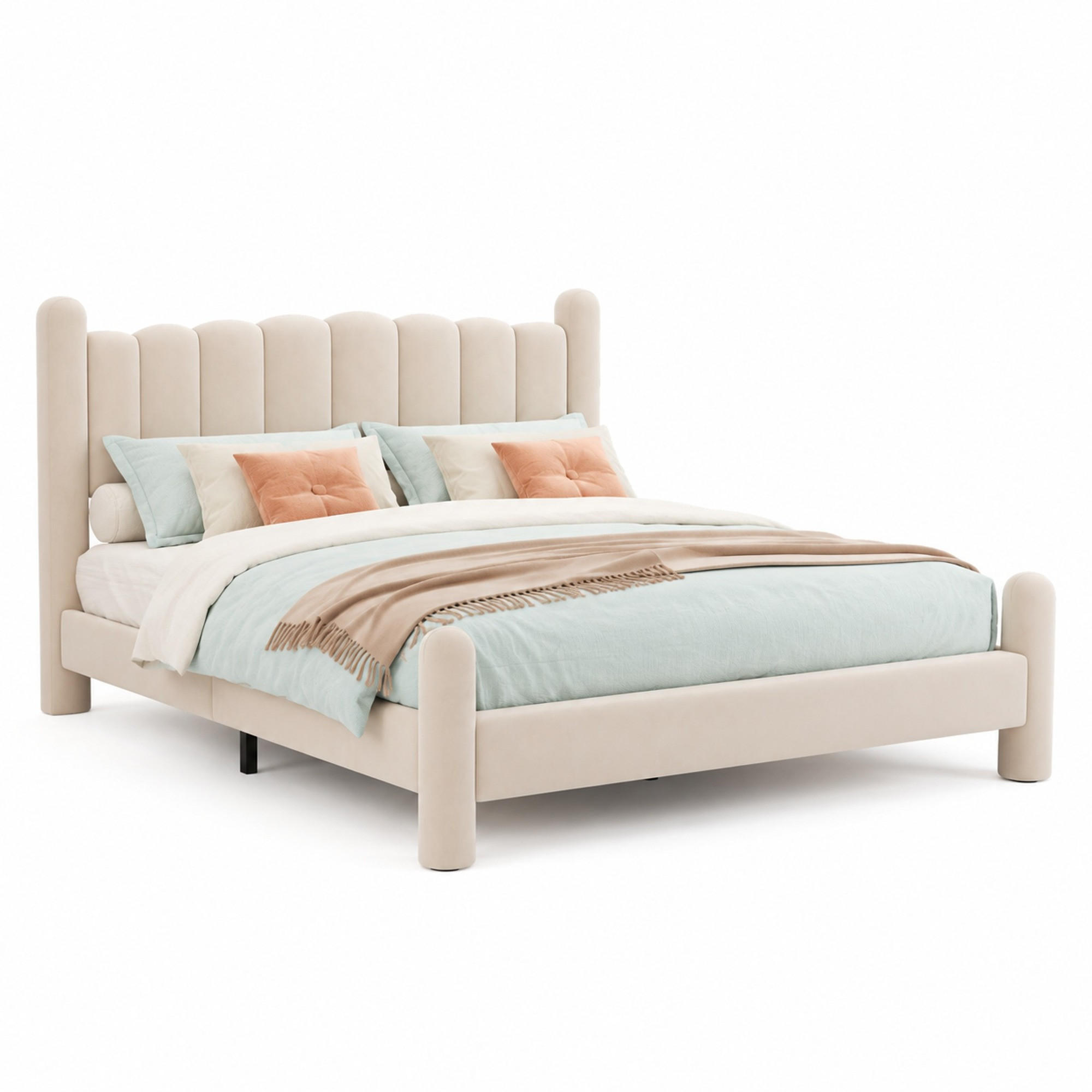 POLSTERBETT 180/200 cm in Beige Samt mit Lattenrost und Wellen-Kopfteil - Beige, Holzwerkstoff/Textil (180/200cm) - CHICFURN