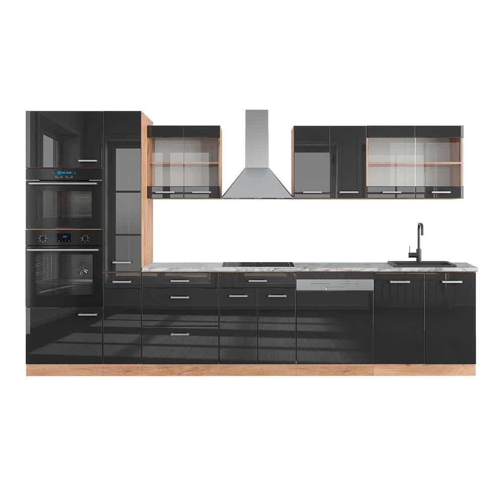 KUHINJSKI BLOK R-Line Antracit visok sijaj/zlati hrast power 350 cm z visoko omaro, DP Marmor - črna/medeni hrast, leseni material (350/81.6/60cm) - Vicco