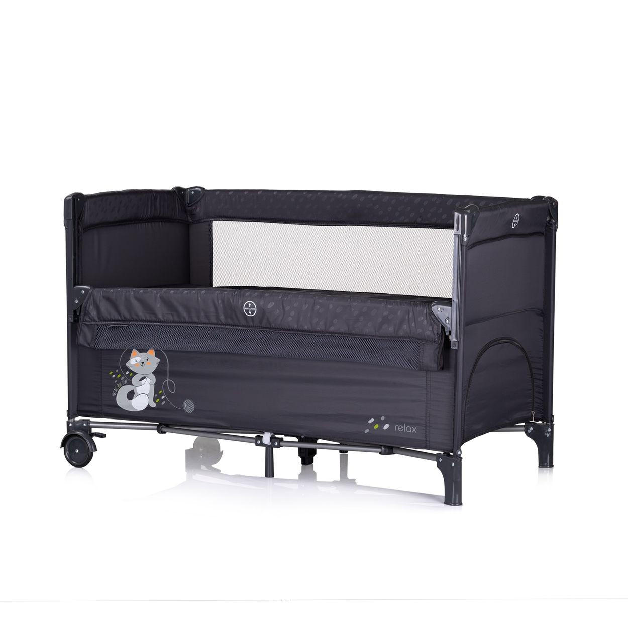 REISEBETT Relax 2 Ebenen schwarz/grau Vorderseite absenkbar, Seiteneingang, Tasche - Schwarz, Kunststoff (60/120cm) - Chipolino