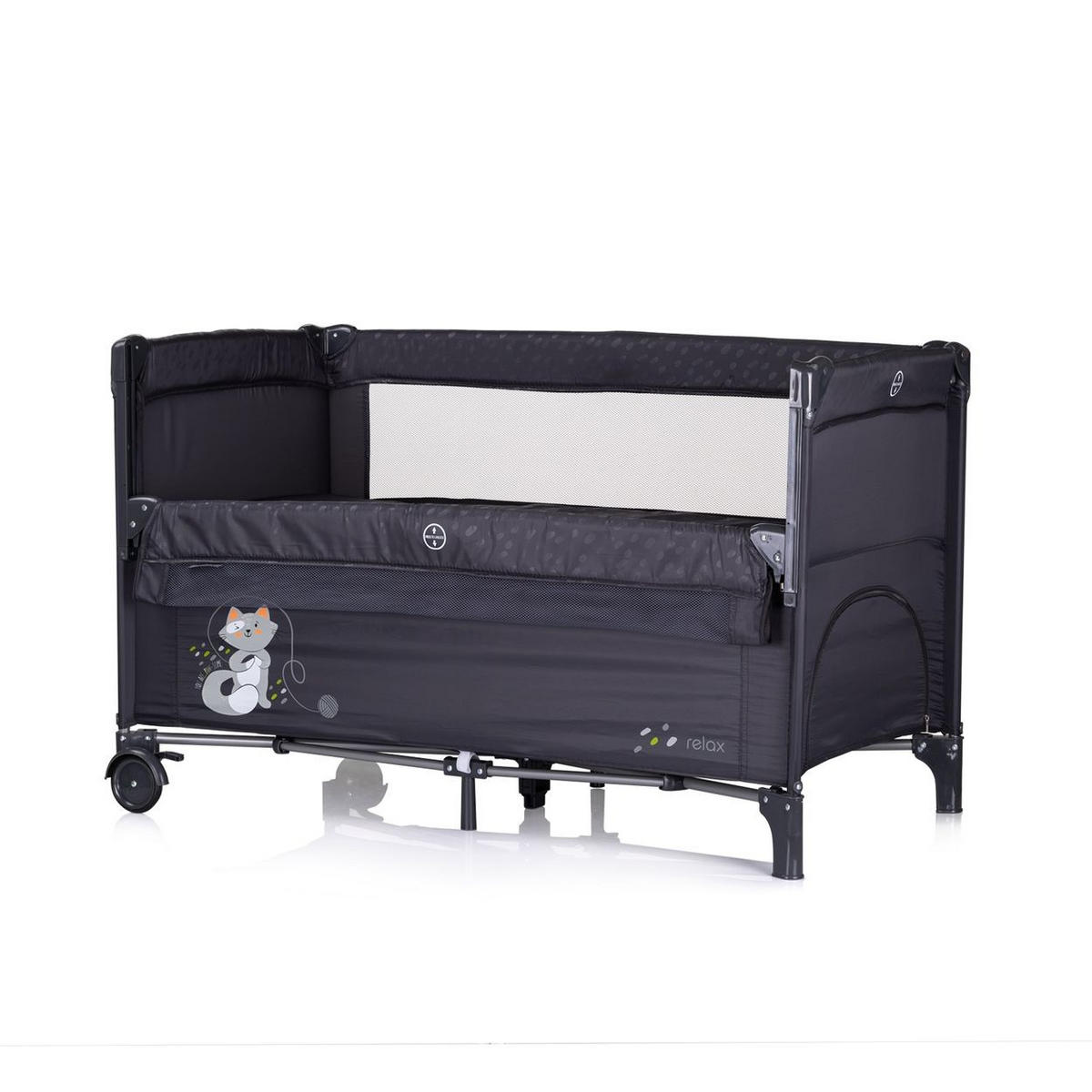 REISEBETT Relax 2 Ebenen schwarz/grau Vorderseite absenkbar, Seiteneingang, Tasche - Schwarz, Kunststoff (60/120cm) - Chipolino