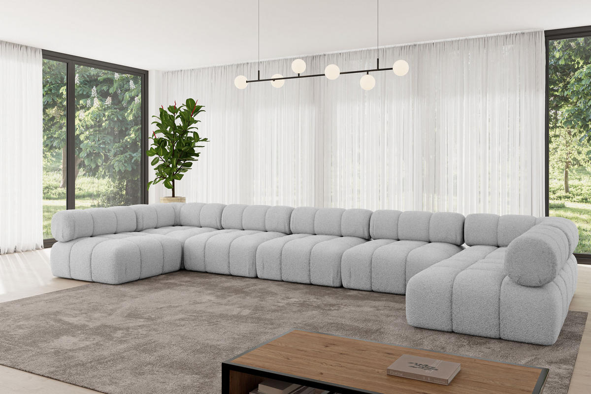 WOHNLANDSCHAFT modulares Sofa Garvo-U3 - 475x190x70 cm Hellgrau Bouclé - Hellgrau, Holzwerkstoff/Textil (475/70/190cm) - ALTDECOR