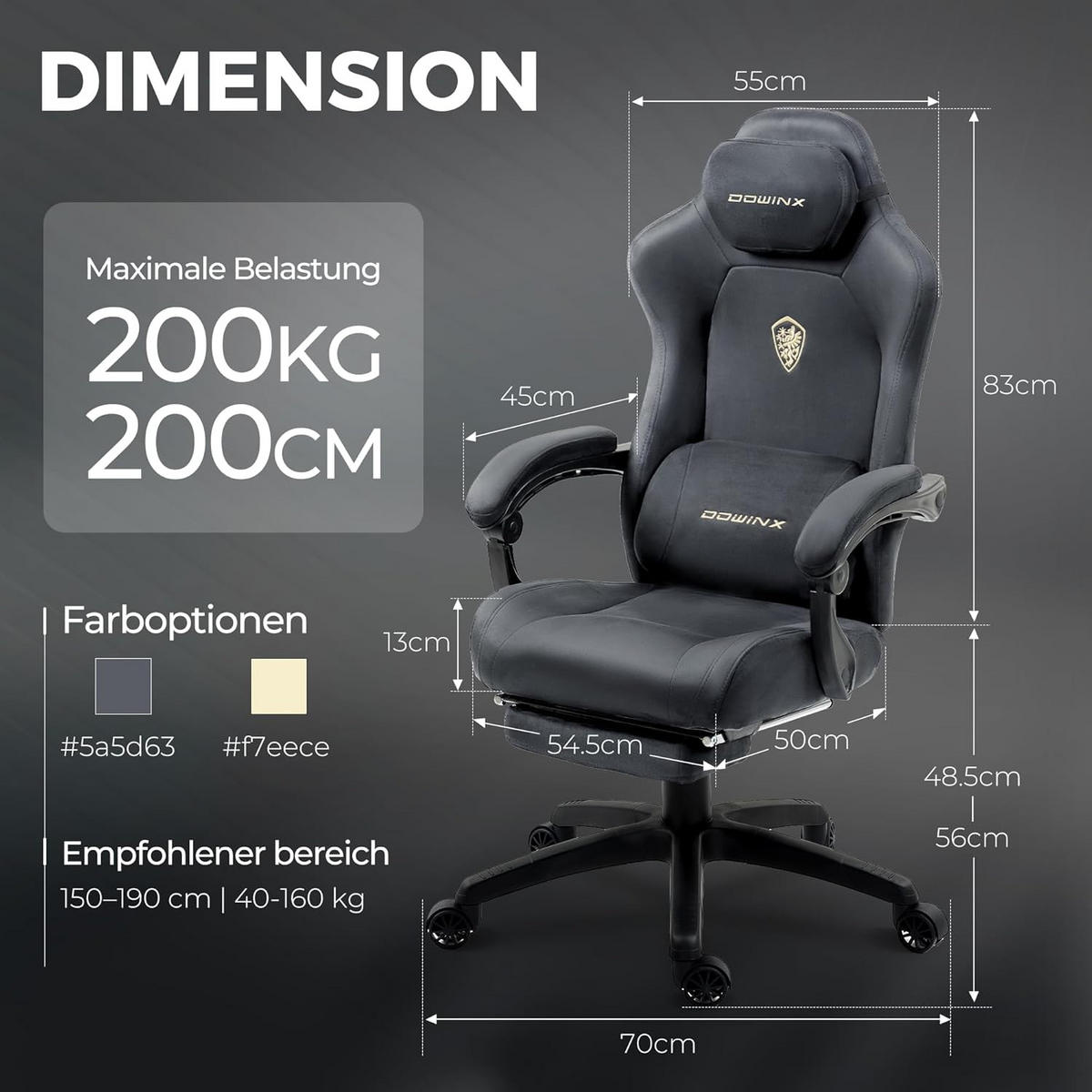 GAMING-STUHL Mikrofaser-Velours & Lendenkissen, Fußstütze 160° Neigbar - Grau, Leder (70/132/70cm)