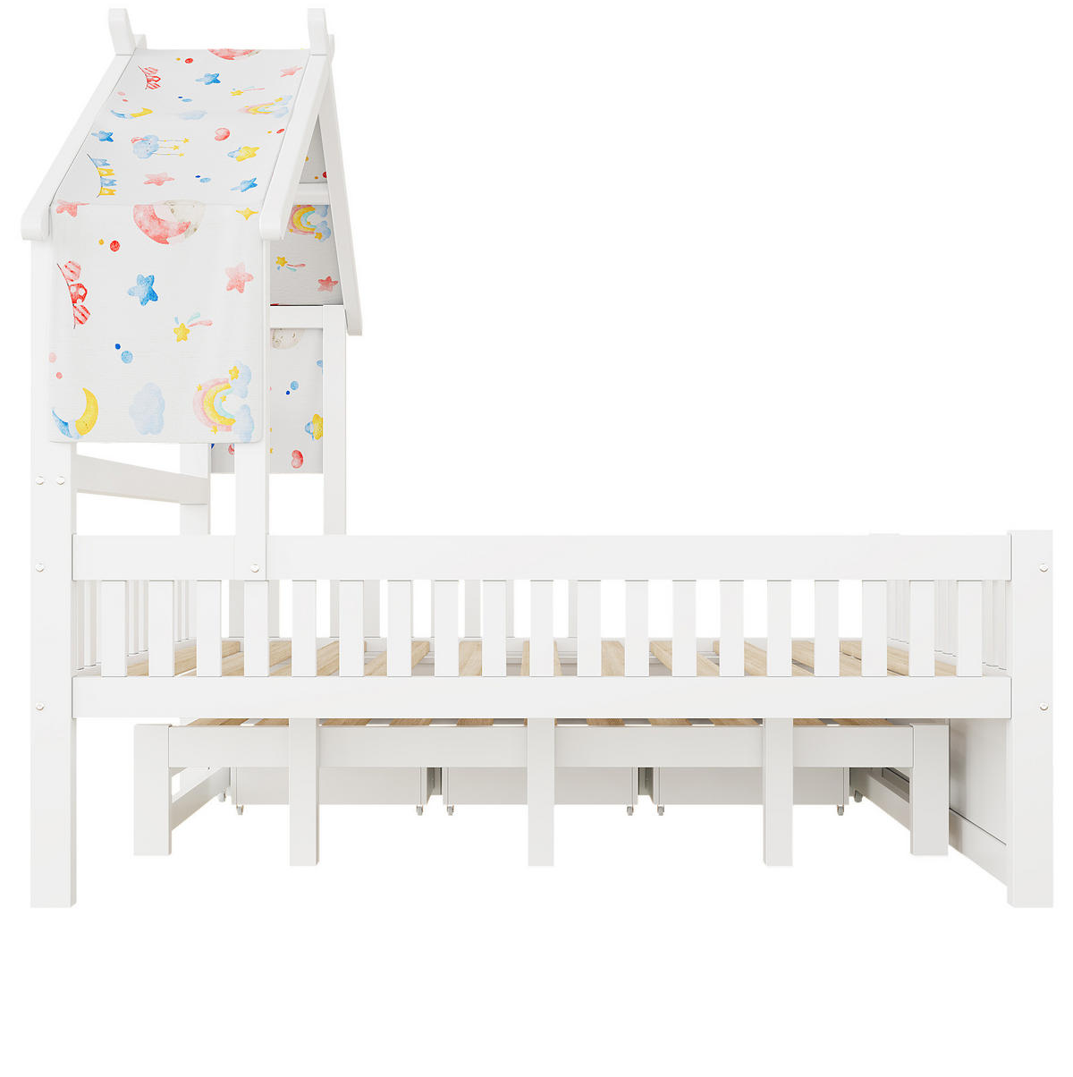 HAUSBETT 140/200 cm Weiß mit Ausziehbett und 3 Schubladen - Weiß, Holz (140/200cm) - MIVRAY