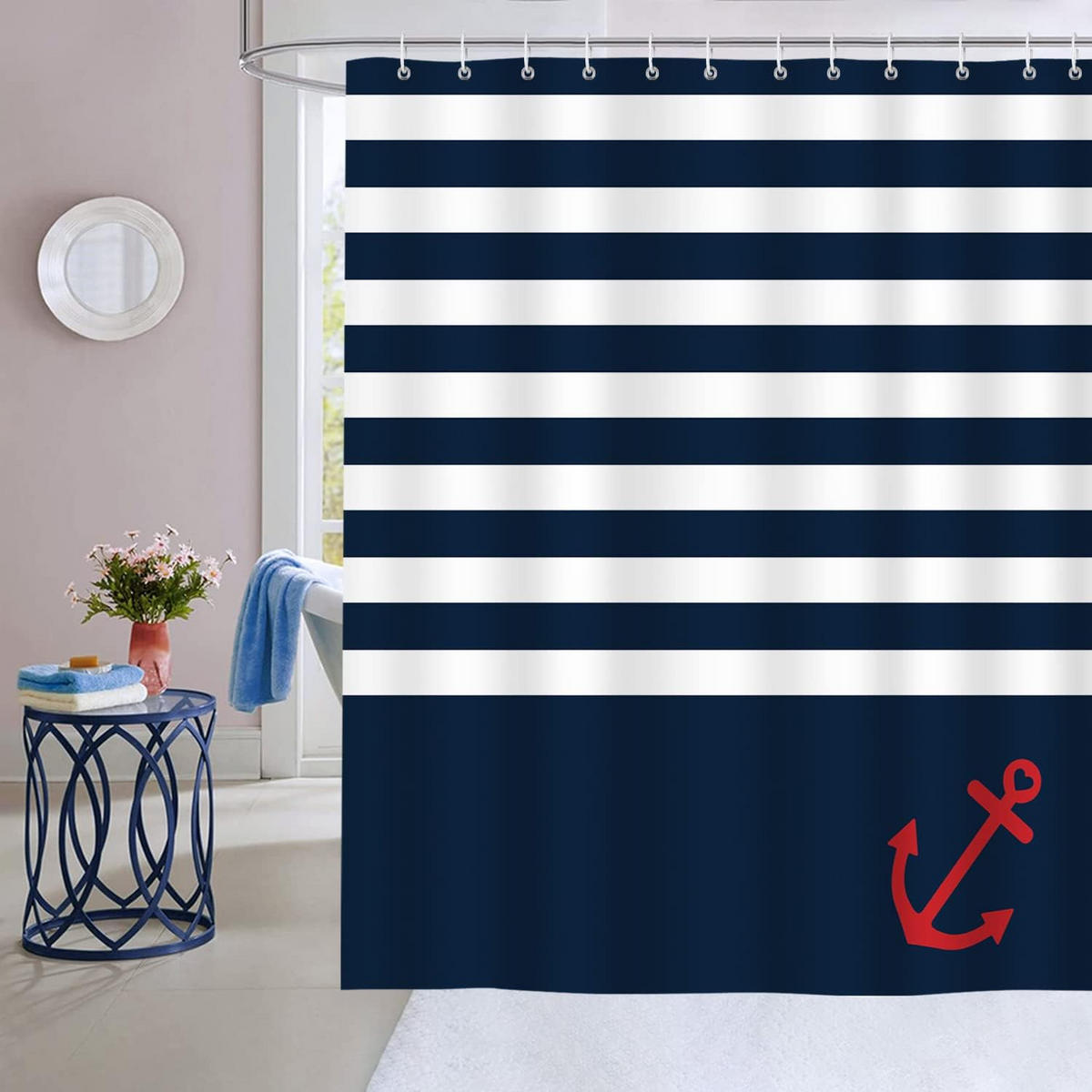 DUSCHVORHANG Blau nautisch Streifen Anker schimmelresistent wasserdicht waschbar Badezimmer mit Haken - Multicolor, Textil (180/180cm) - MCBOSON