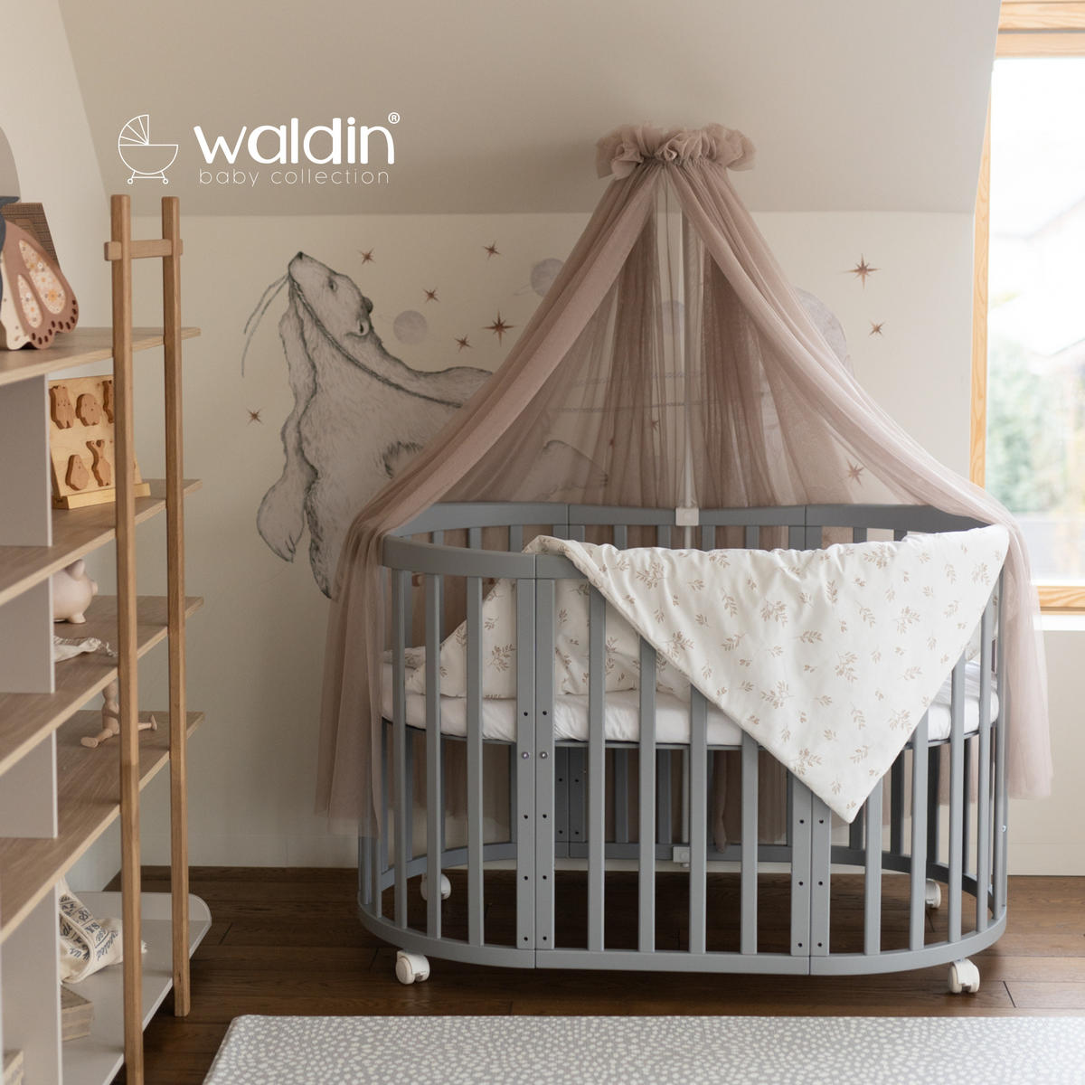 BABYBETT GREY OVAL 7in1 mit Matratze und Himmelset - Taupe/Grau, Holz/Textil