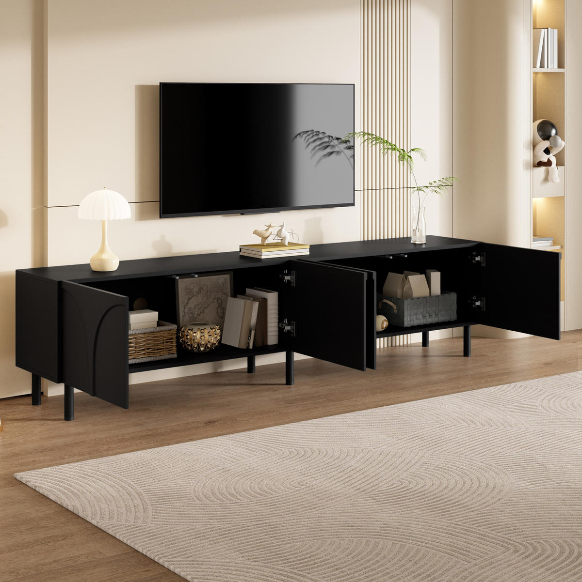 TV-SCHRANK mit 4 Türen 180 cm Schwarz mit Metallfüßen - Schwarz, Holzwerkstoff (35/49/180cm) - Beauniv