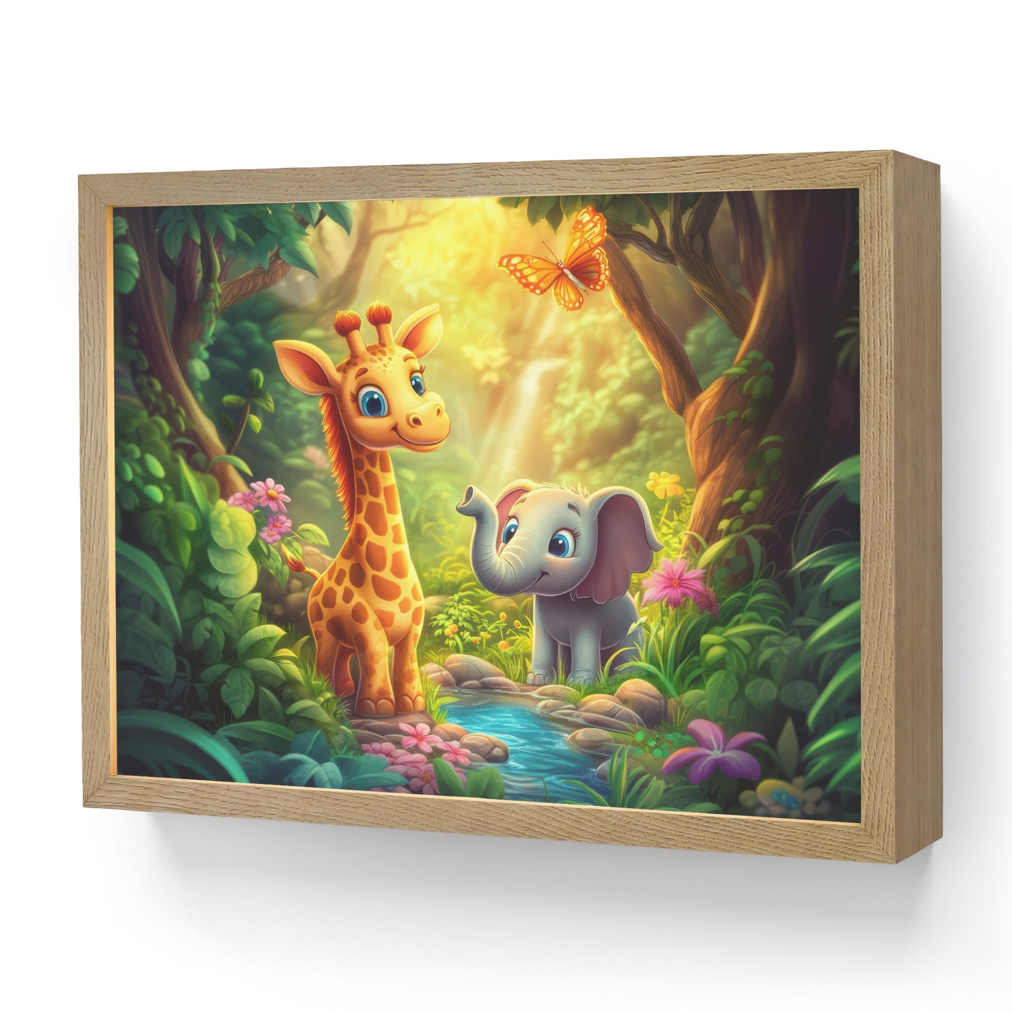 OnlyWow NÁSTĚNNÁ LAMPA S AKUMULÁTOREM Žirafa - slon - květiny - džungle 40x30 cm