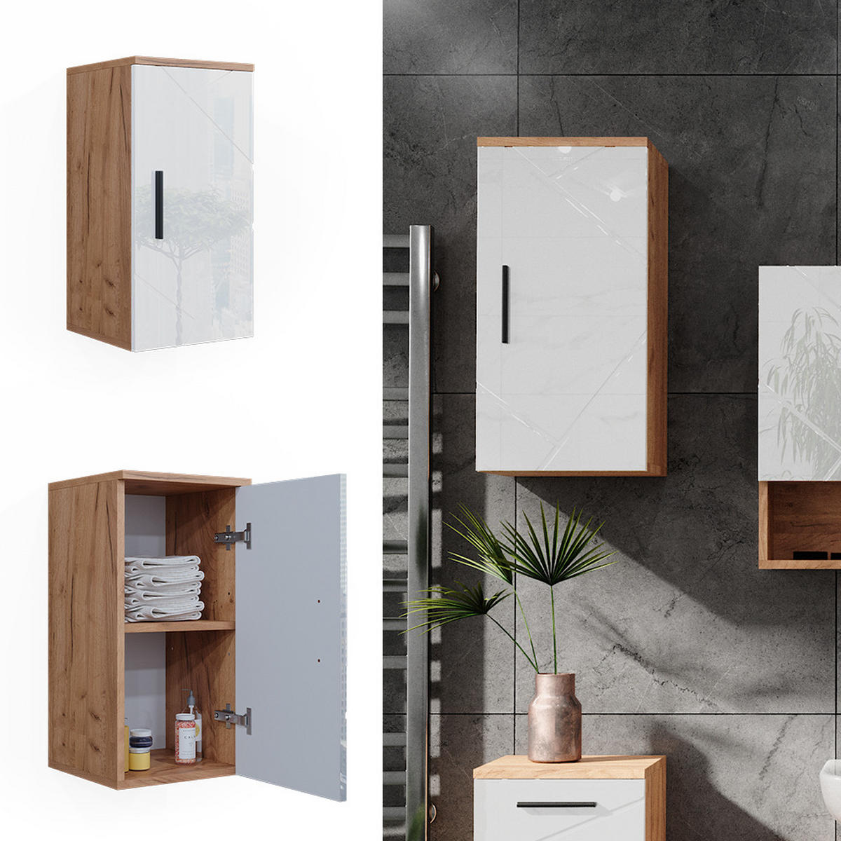 HÄNGESCHRANK Irma, Eiche/Weiß Hochglanz, 30 x 59 cm mit Regal - Honigeiche/Weiß Hochglanz, Holzwerkstoff (30/59/24cm) - Vicco