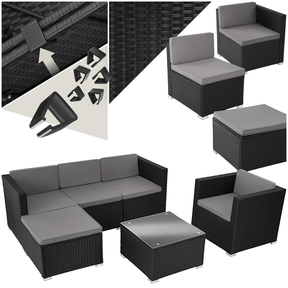 RATTANLOUNGE Lignano,variabel aufstellbar,schwarz - Schwarz, Kunststoff - tectake