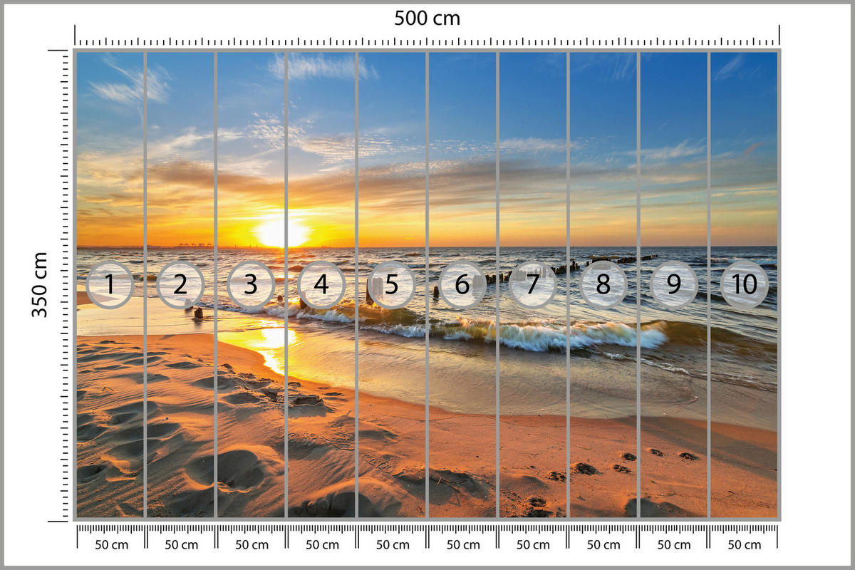 FOTOTAPETE für Schlafzimmer Sonnenuntergang Meer Landschaft Strand 500x350 - Beige/Orange, Papier (500/350cm) - Muralo