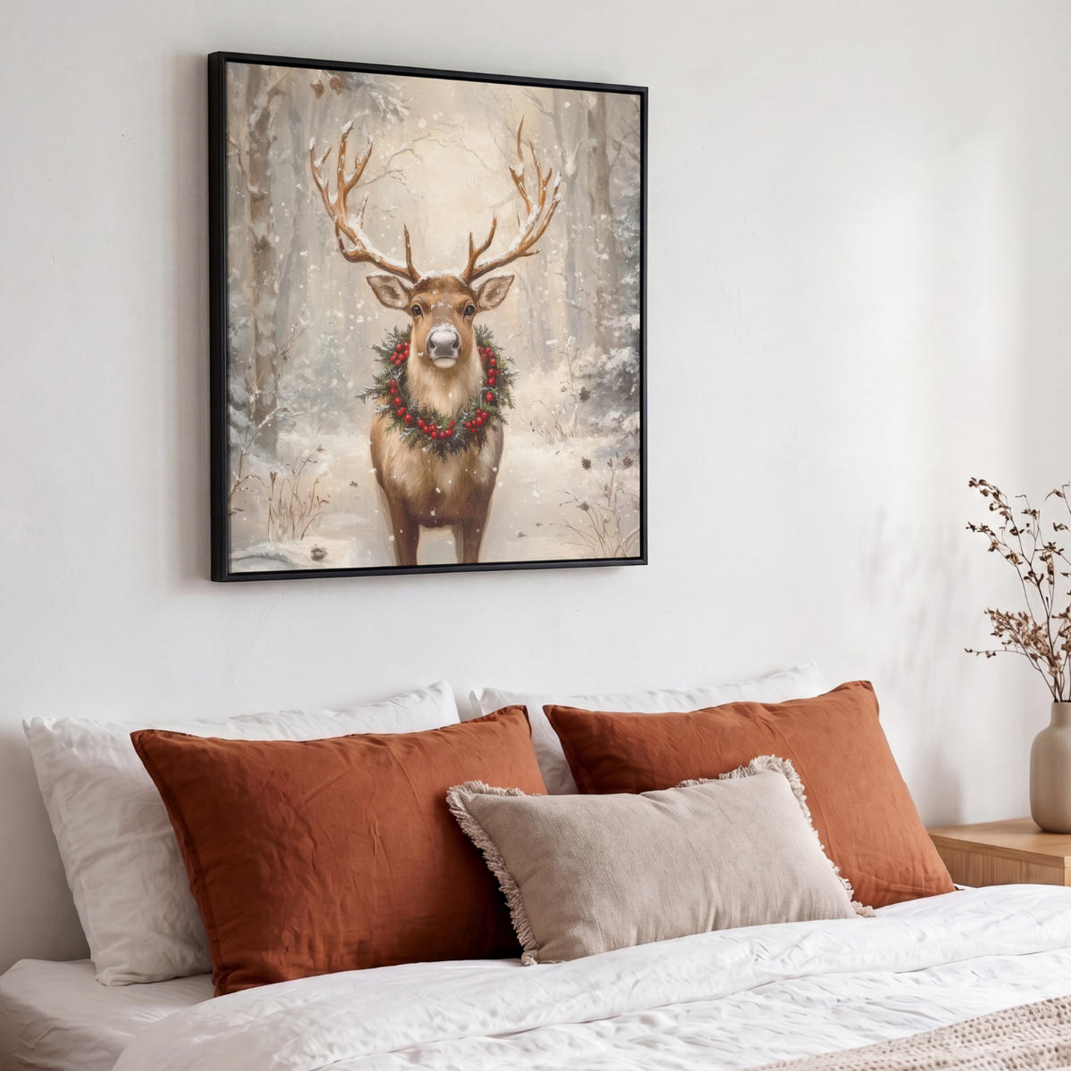 LEINWAND Bilder mit Rahmen - Weihnachten - Rentier - Winter - Kranz - 50x50 - Naturfarben, Textil (50/50cm) - MuchoWow