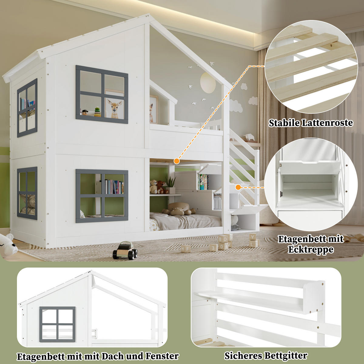 ETAGENBETT 90/200 cm weiß und grau aus Kiefer mit Treppen-Stauraum - Weiß, Holz (90/200cm) - OKWISH