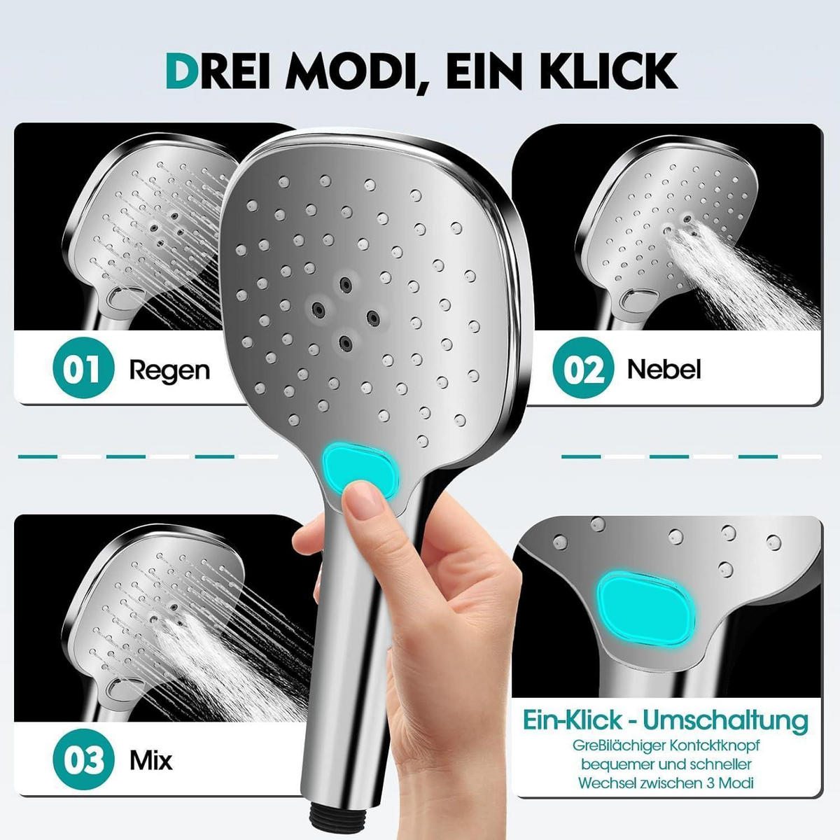 HANDBRAUSE mit 3 Strahlarten und 120 cm² Duschfläche silber - Silberfarben, Kunststoff (12/12.7/25cm)