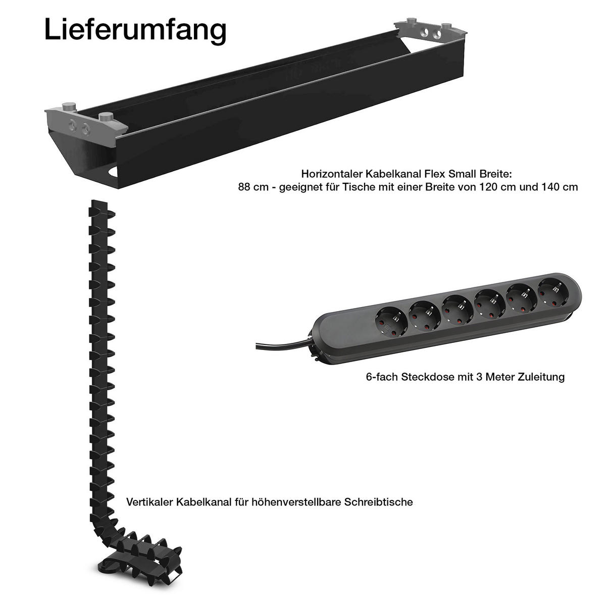 KABELMANAGEMENT-SET Horizontaler Kabelkanal Flex-small / Plus Vertikale Kabelführung + 6-fach Steckdose Schwarz 880mm - Schwarz, Metall (16/88/10cm) - ASSMANN