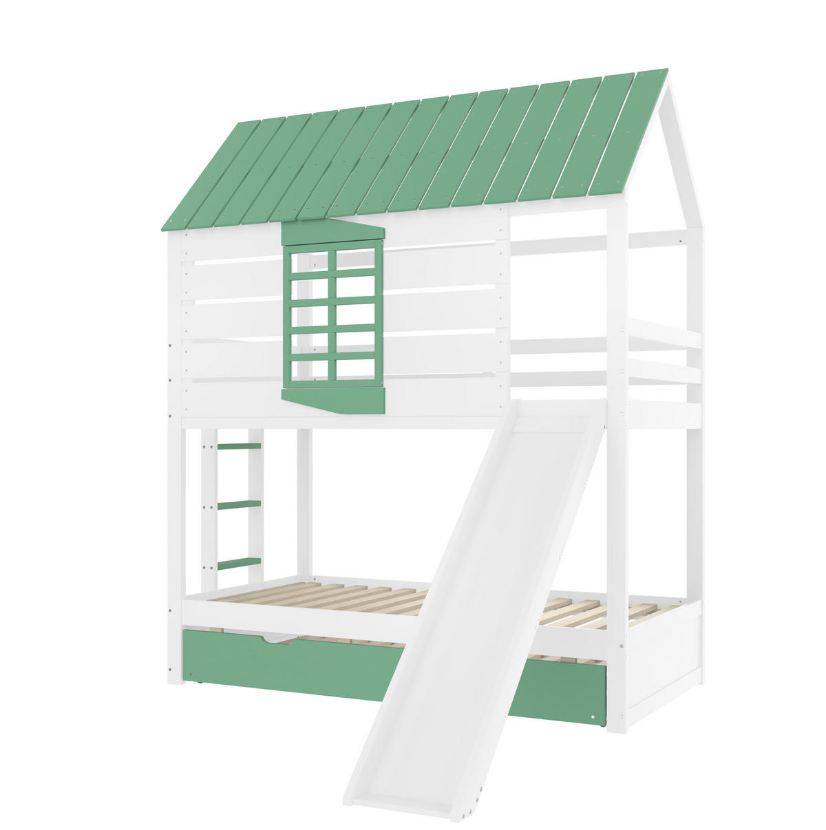 POSCHODOVÁ posteľ 90/200 cm biela/zelená s prístelkou a šmykľavkou z MDF a borovice - biela/zelená, kompozitné drevo (90/200cm) - OKWISH